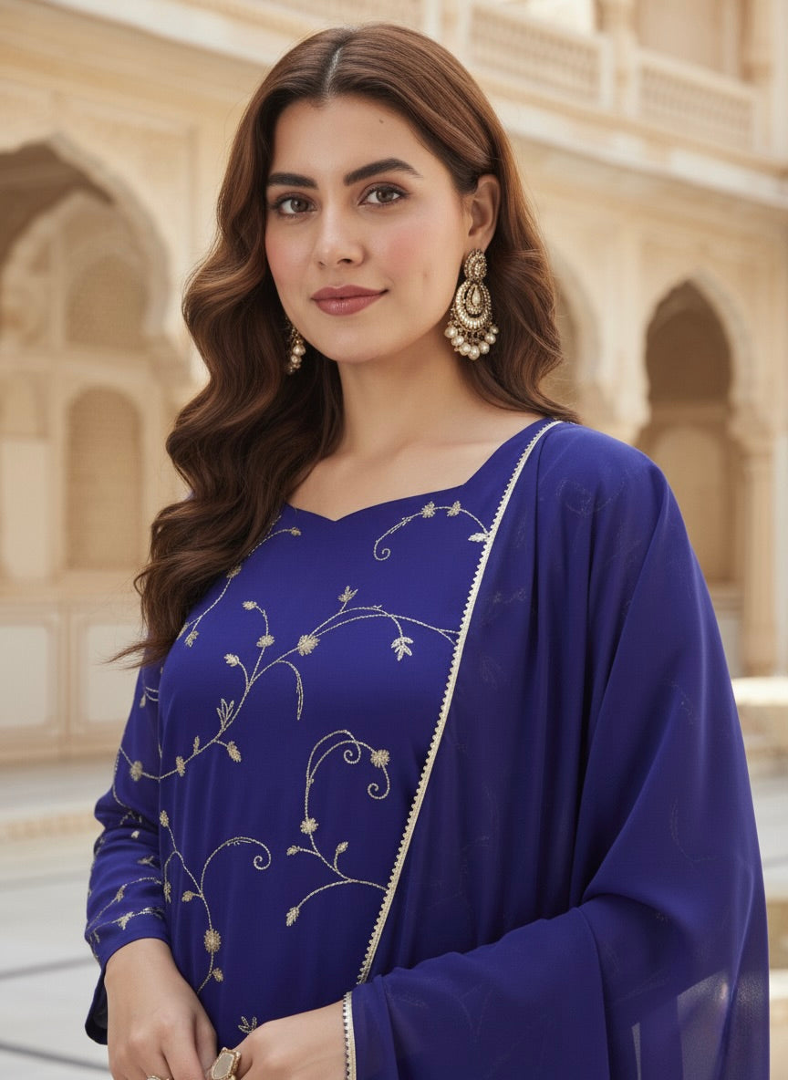 Royal Blue Embroidered Georgette Straight Suit Set With Dupatta