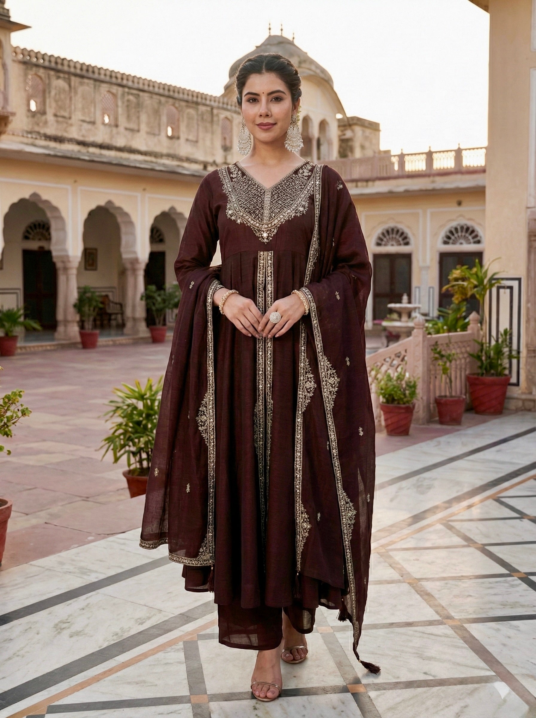 Coffee Silk Embroidered Anarkali Kurta With Dupatta Set for Women