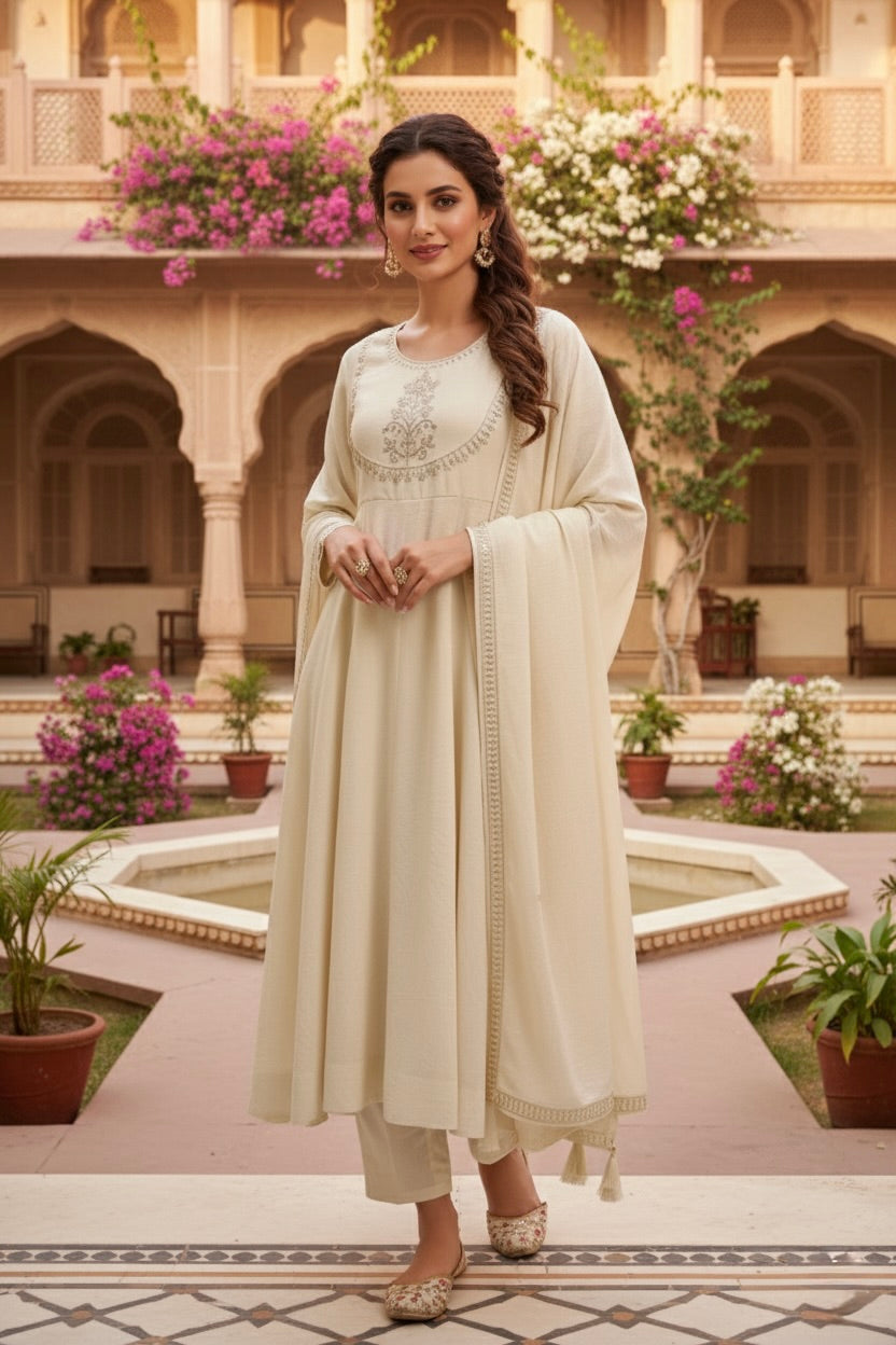Cream Embroidered Silk Blend Anarkali Kurta With Dupatta Set