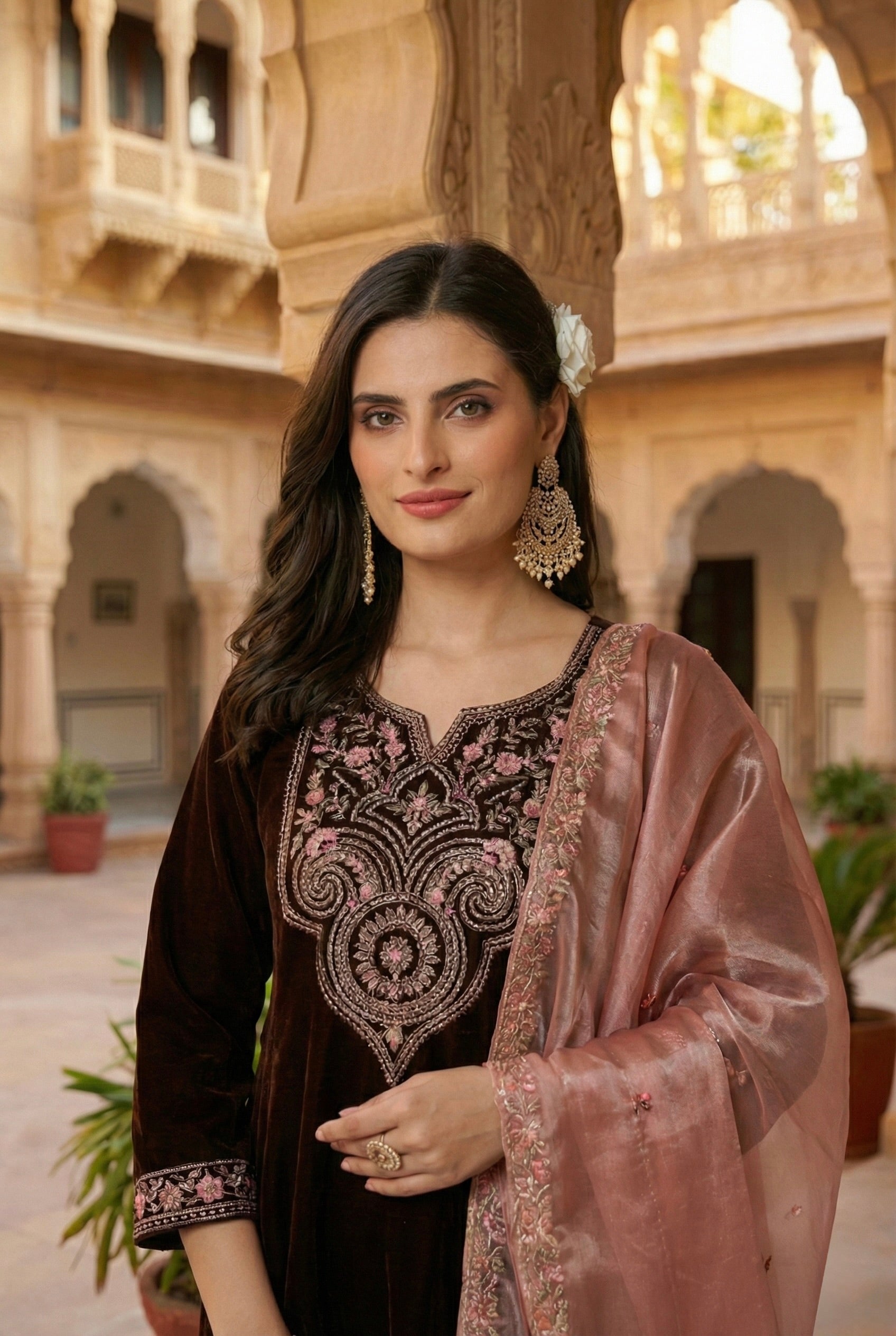 Coffee Solid Velvet Anarkali Suit With Dupatta