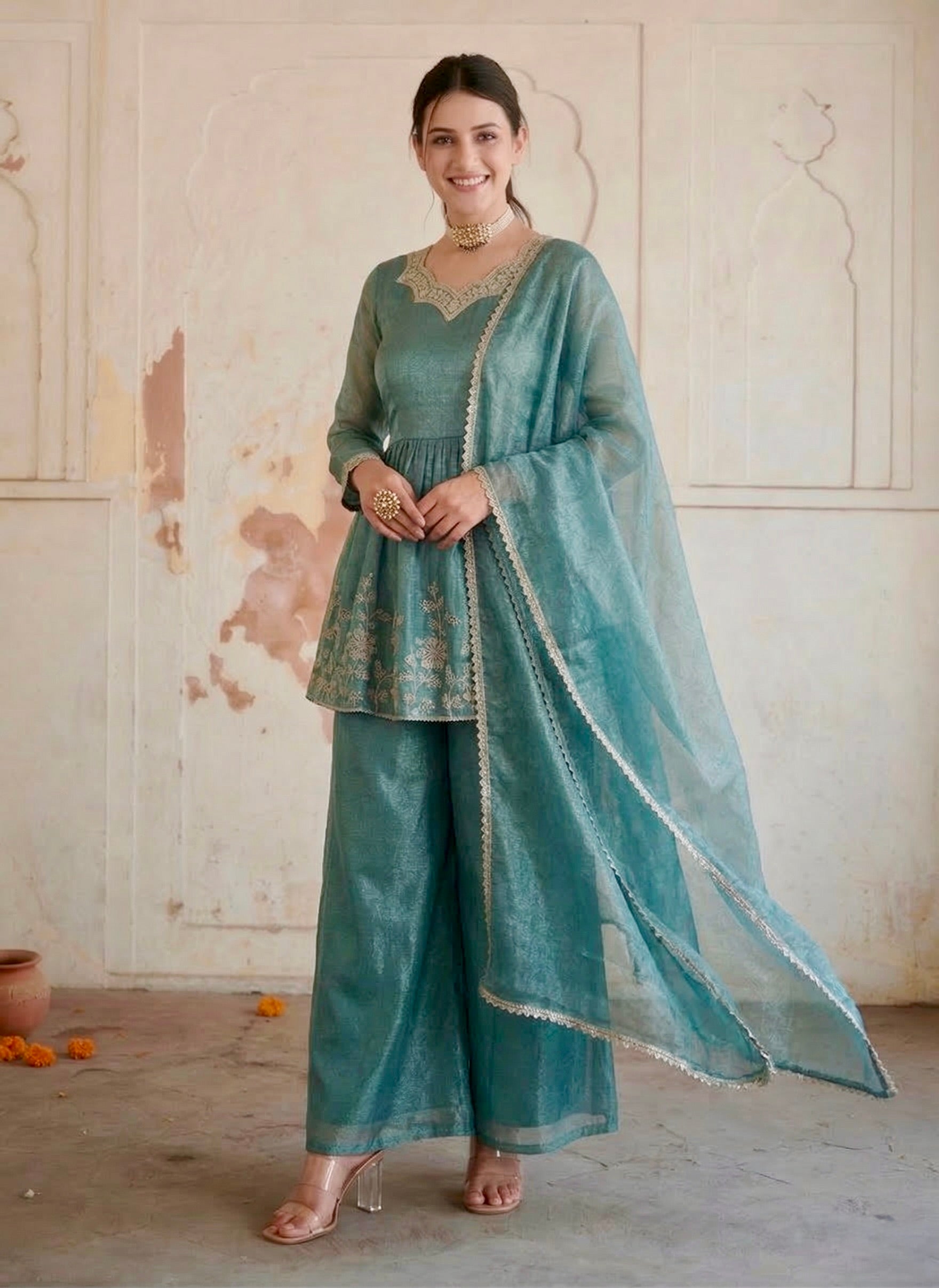 Blue Embroidered Sharara Suit for Women