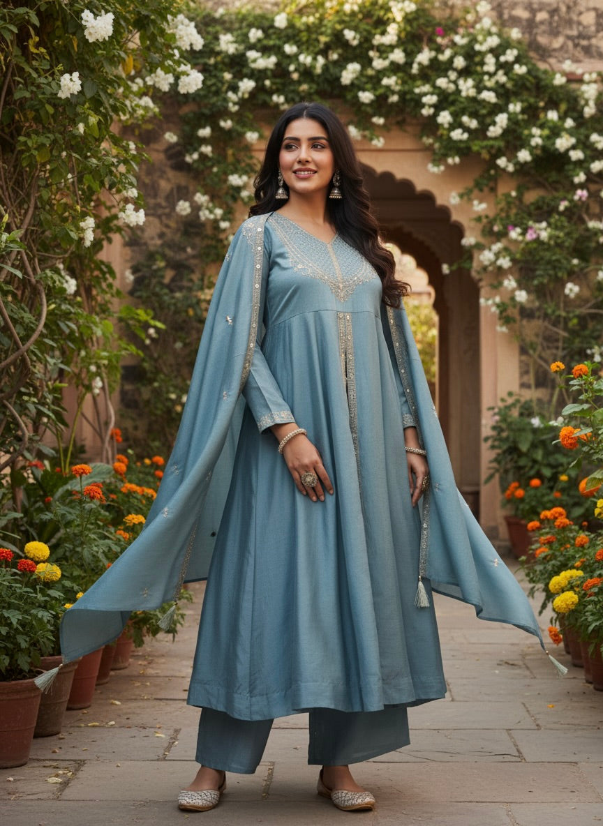 Sky Blue Silk Embroidered Anarkali Kurta With Dupatta Set for Women