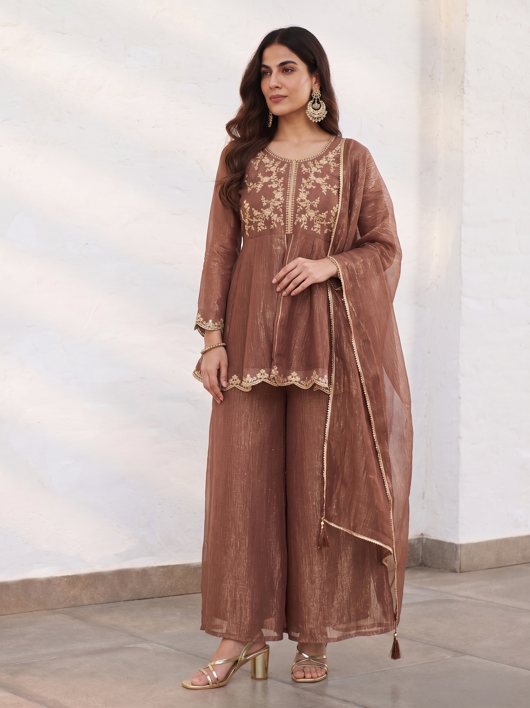 Brown Silk Embroidered Ethnic Top & Palazzo Set with Dupatta For Women