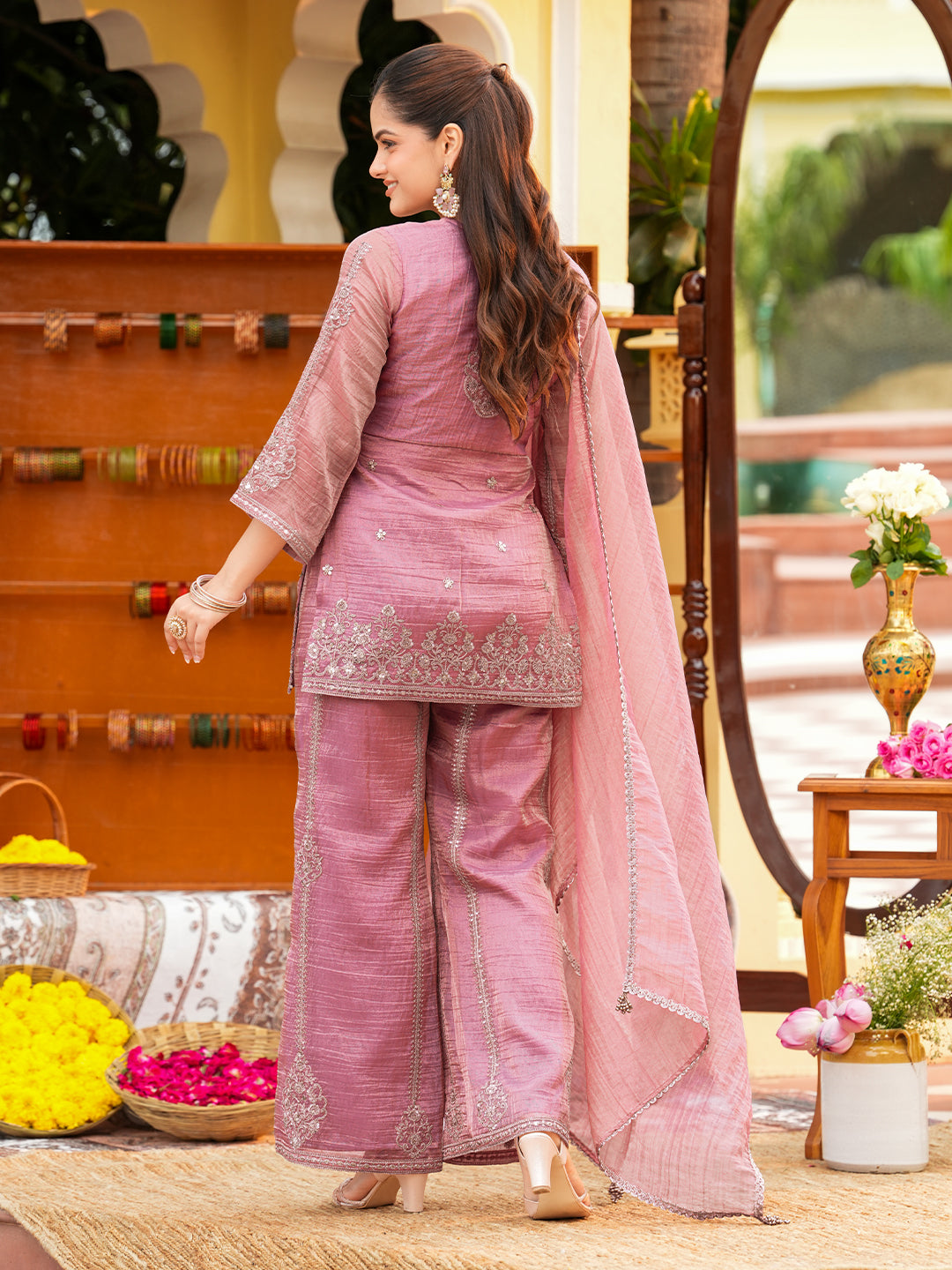 Women’s Pink Silk Embroidered Sharara Suit Set