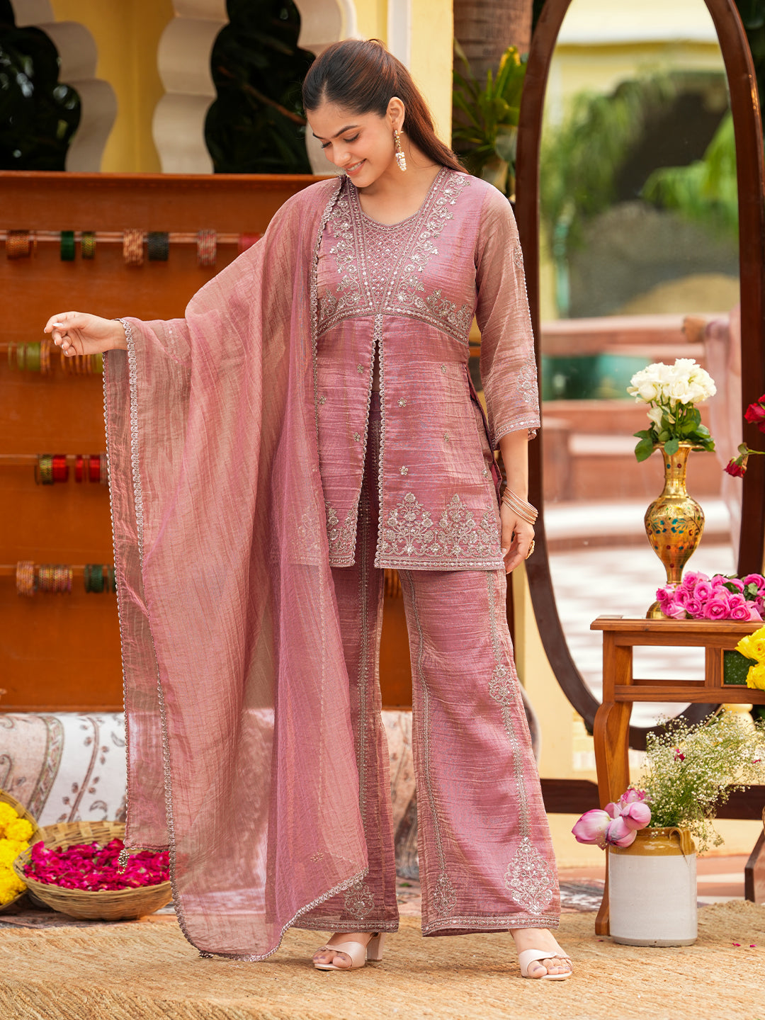 Women’s Pink Silk Embroidered Sharara Suit Set