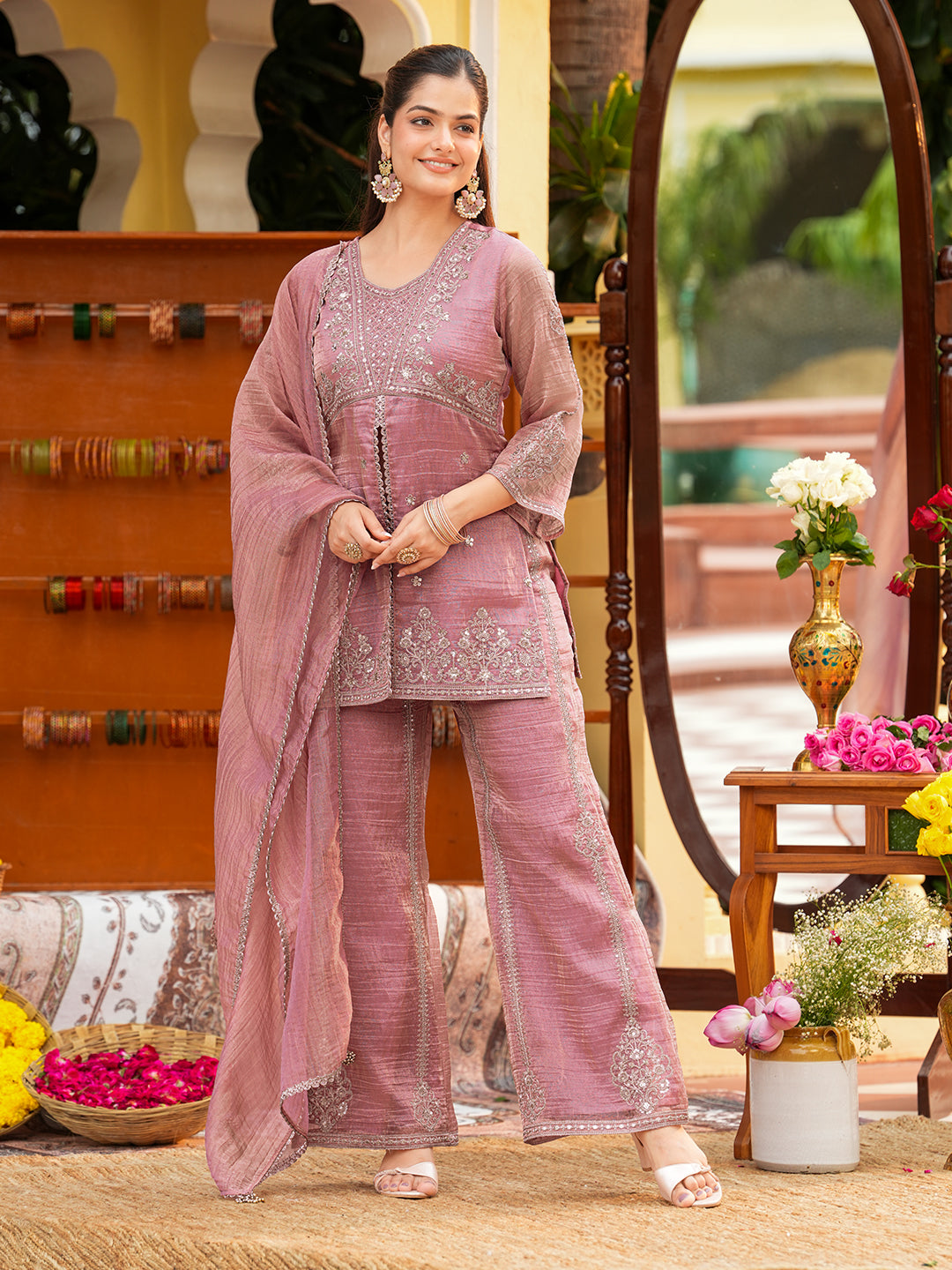 Women’s Pink Silk Embroidered Sharara Suit Set
