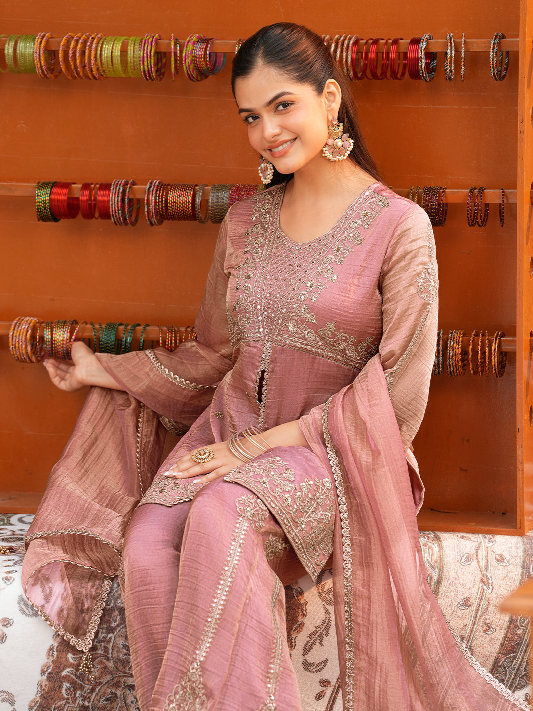 Women’s Pink Silk Embroidered Sharara Suit Set