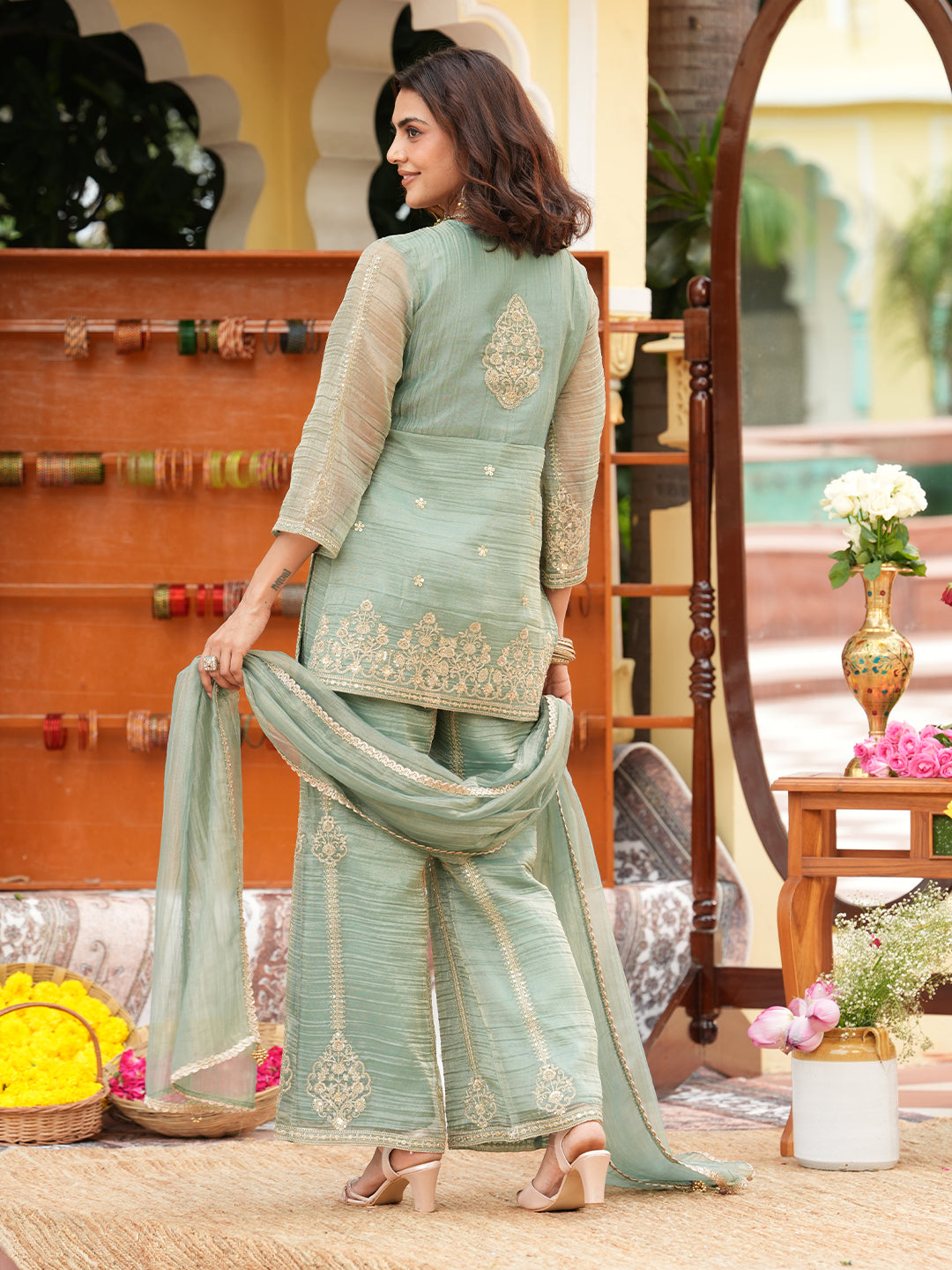 Women’s Mint Silk Embroidered Ethnic Sharara Set