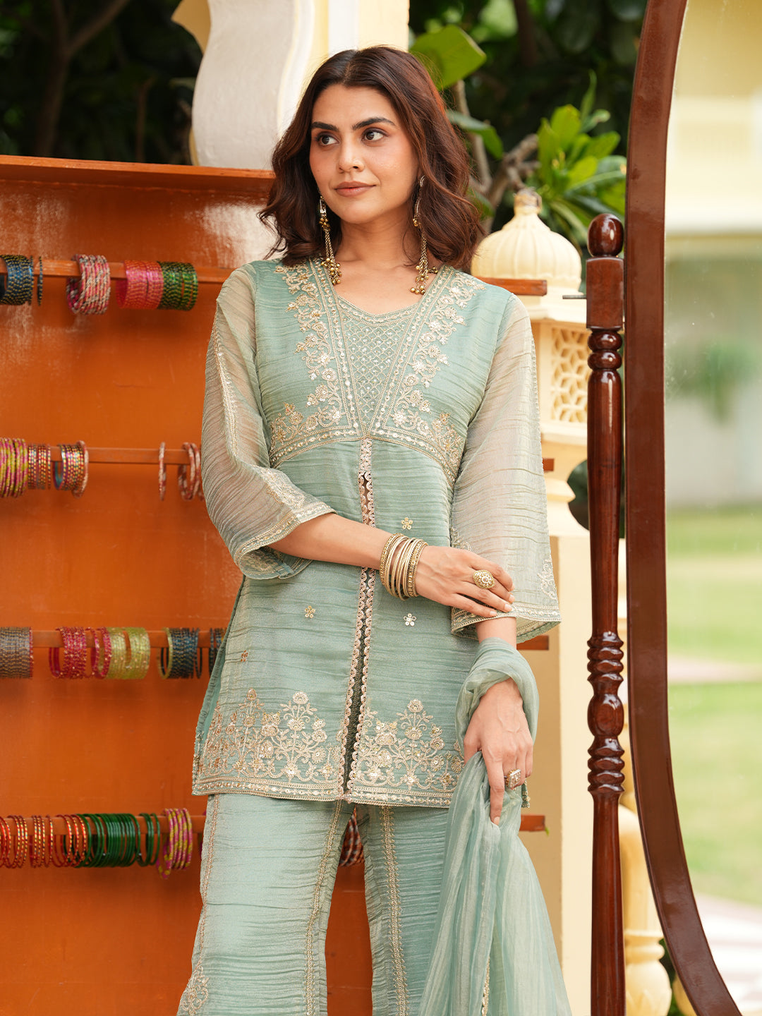 Women’s Mint Silk Embroidered Ethnic Sharara Set