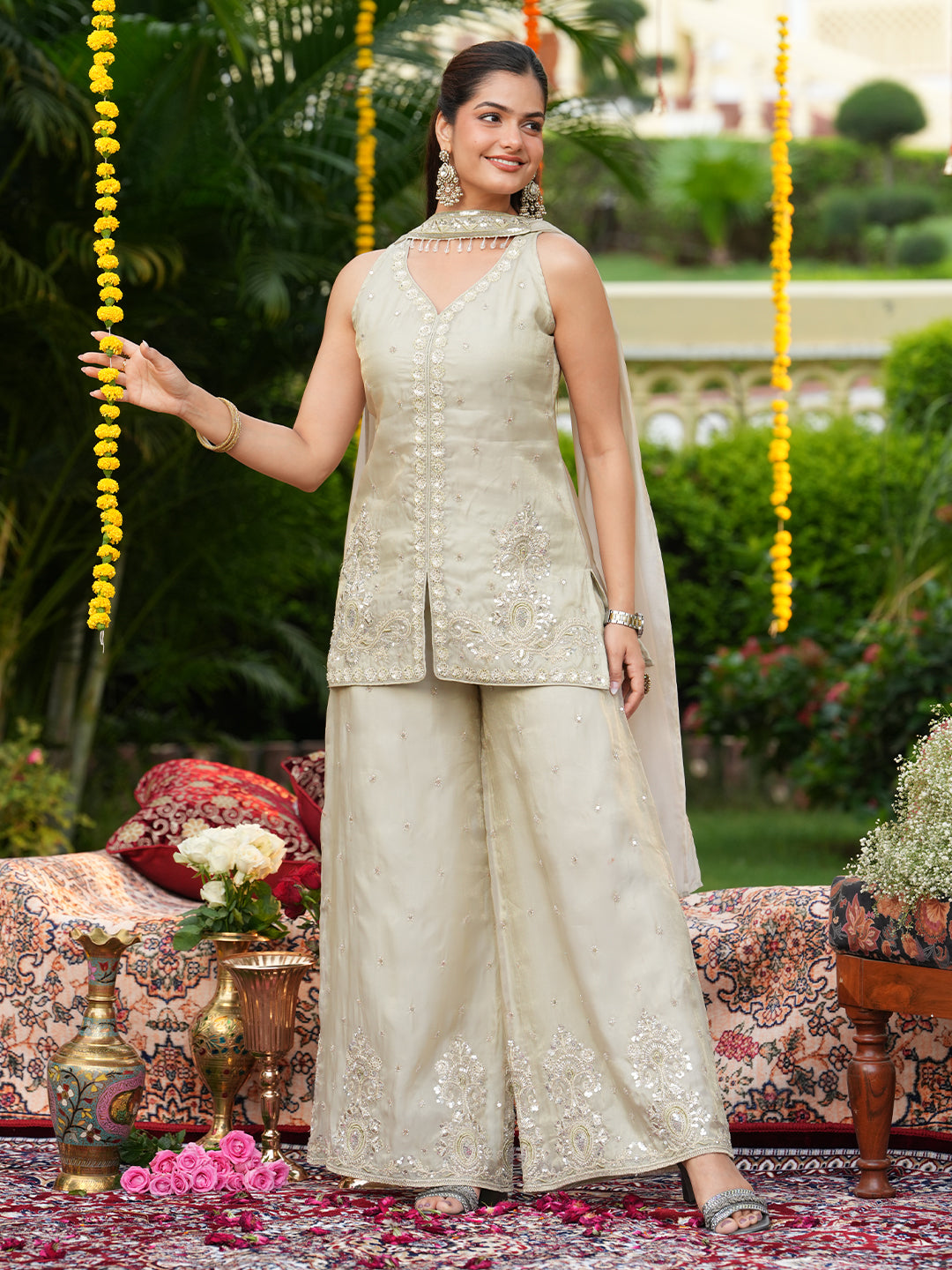 Green Silk Embroidered Ethnic Set with Dupatta