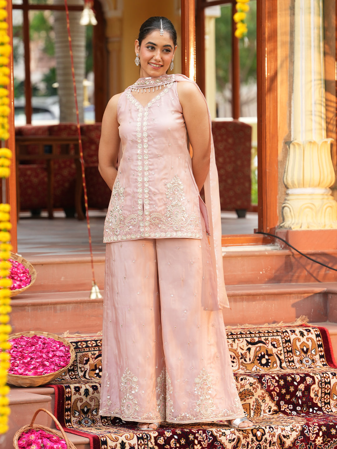 Pink Silk Embroidered Palazzo Set with Dupatta
