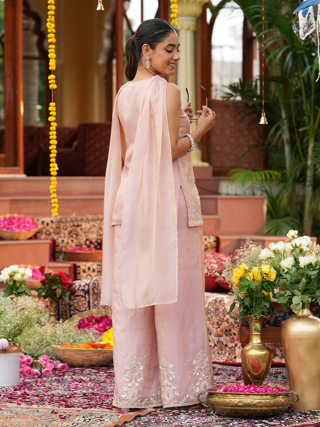Pink Silk Embroidered Palazzo Set with Dupatta