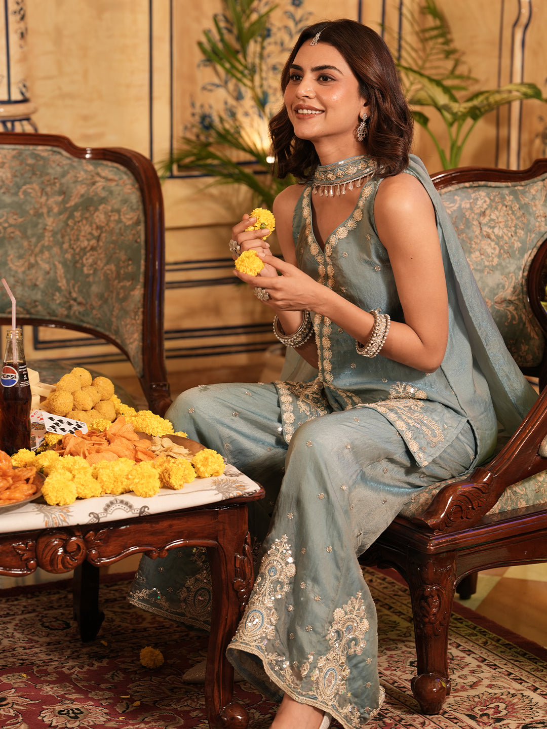 Grey Silk Embroidered Top and Palazzo Set with Dupatta