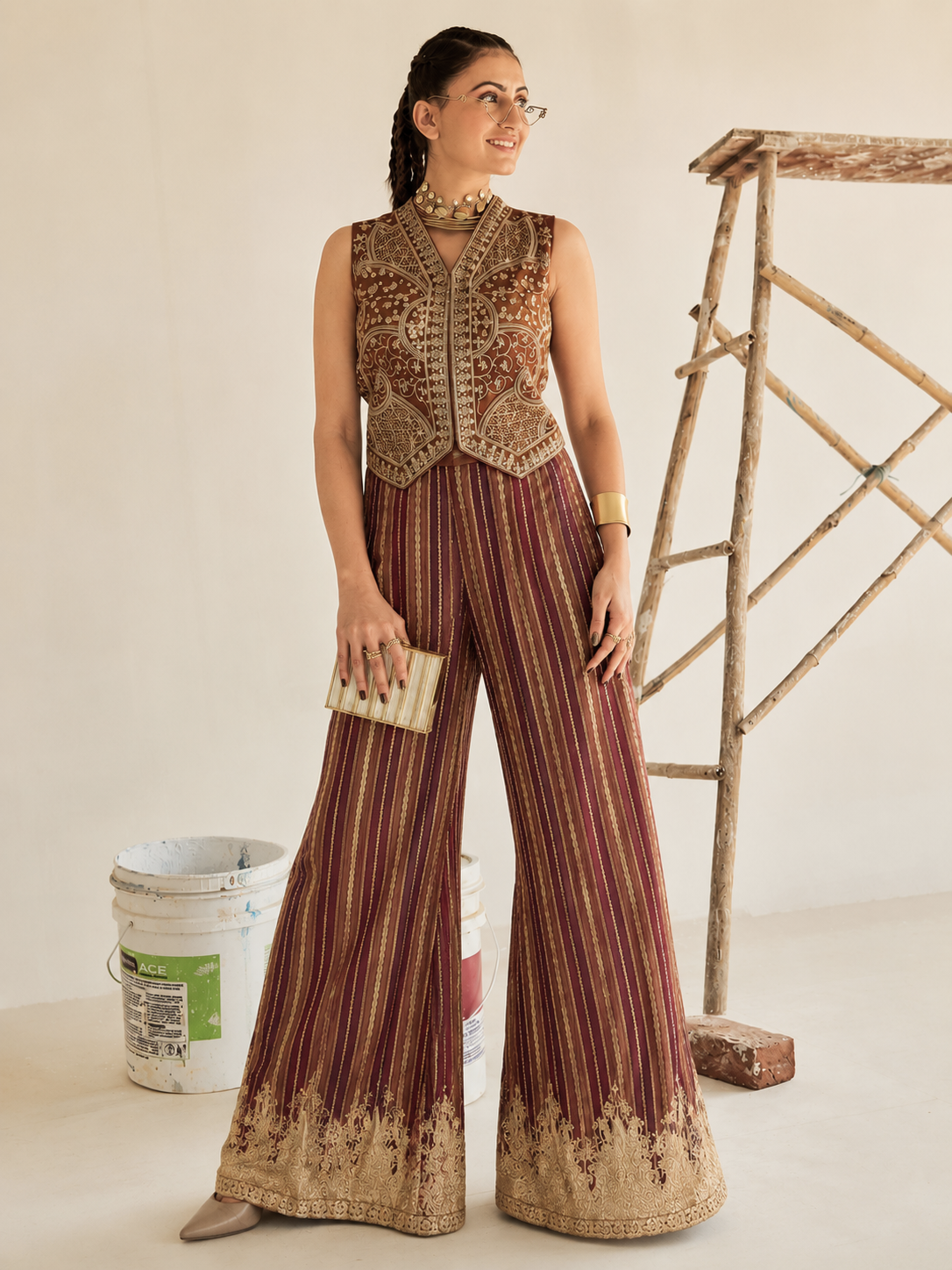 Brown Silk Embroidered Ethnic Co-Ord Set