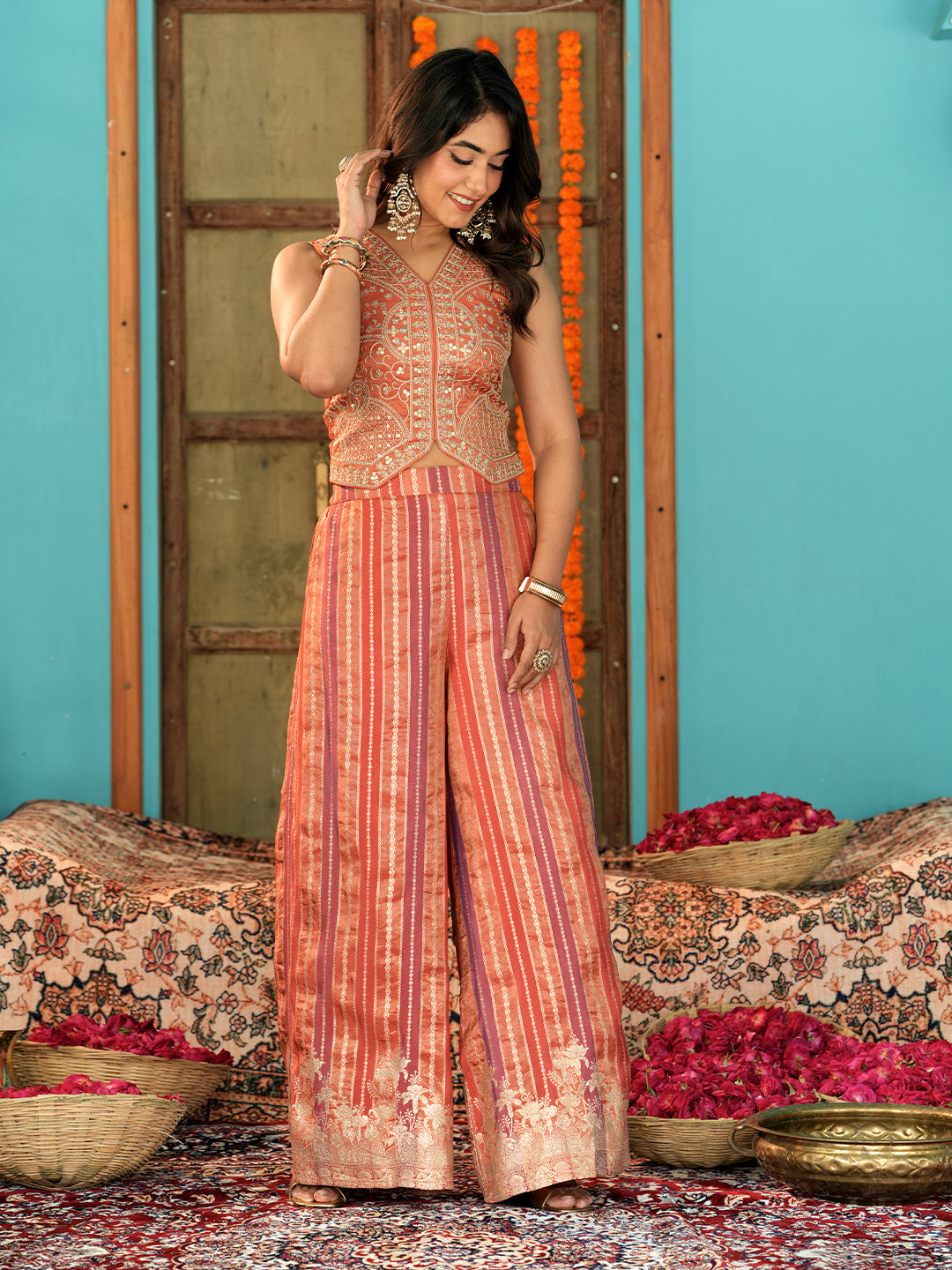 Women’s Peach Silk Embroidered Co-Ord Outfit