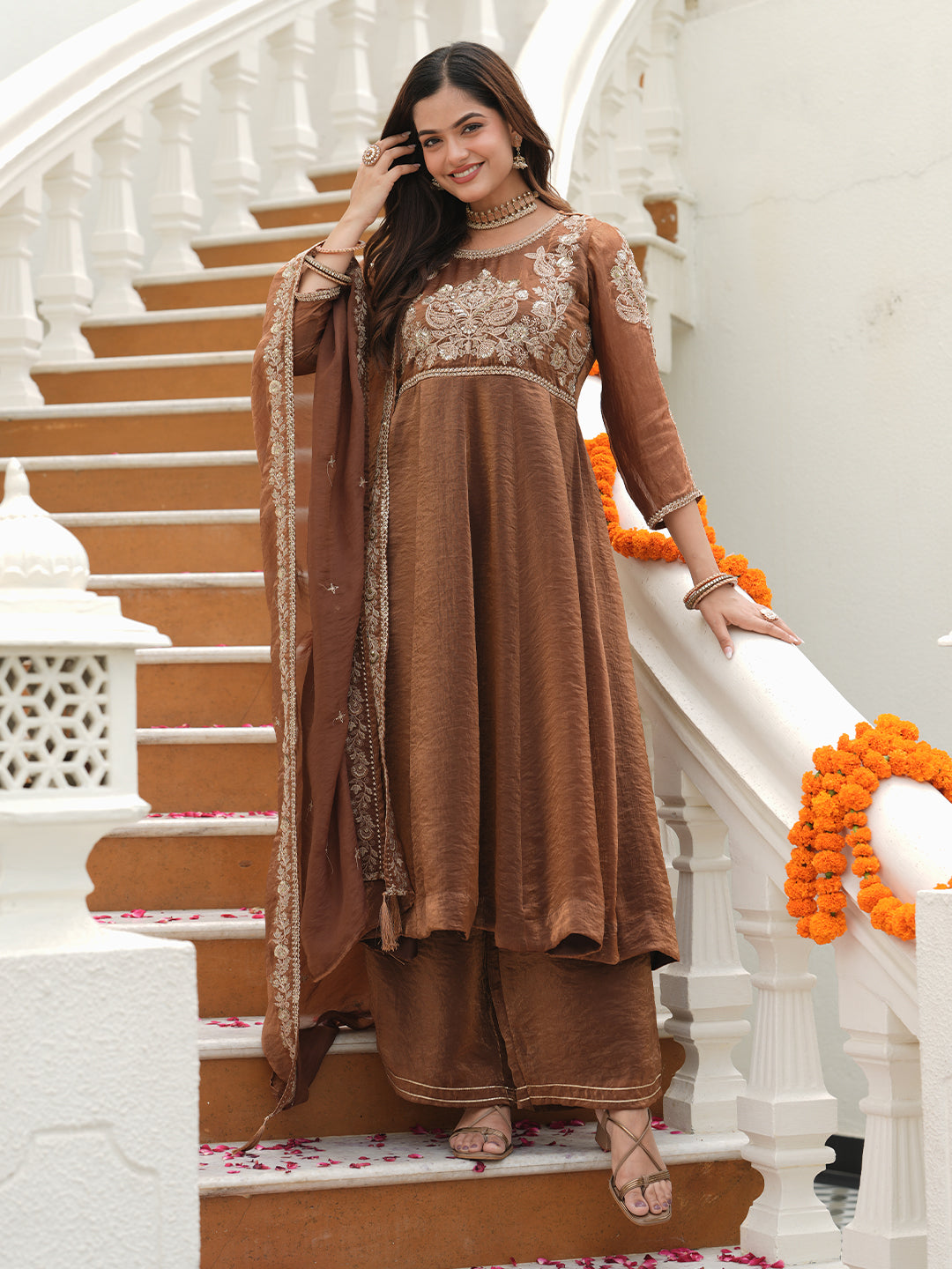 Women’s Brown Silk Embroidered Anarkali Set