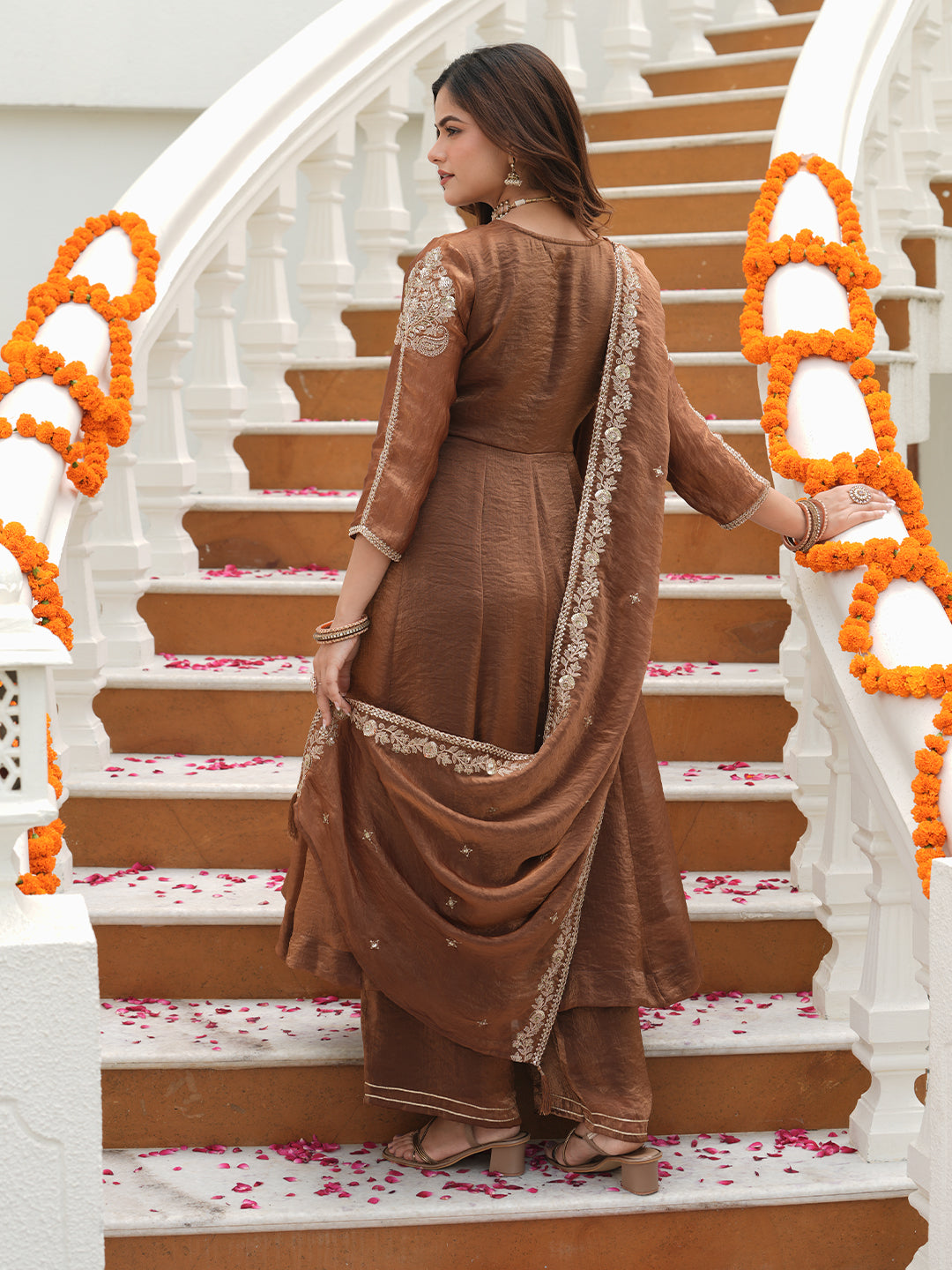 Women’s Brown Silk Embroidered Anarkali Set