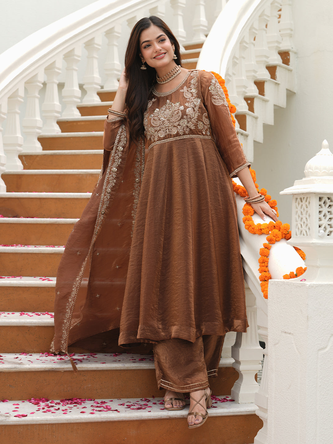 Women’s Brown Silk Embroidered Anarkali Set