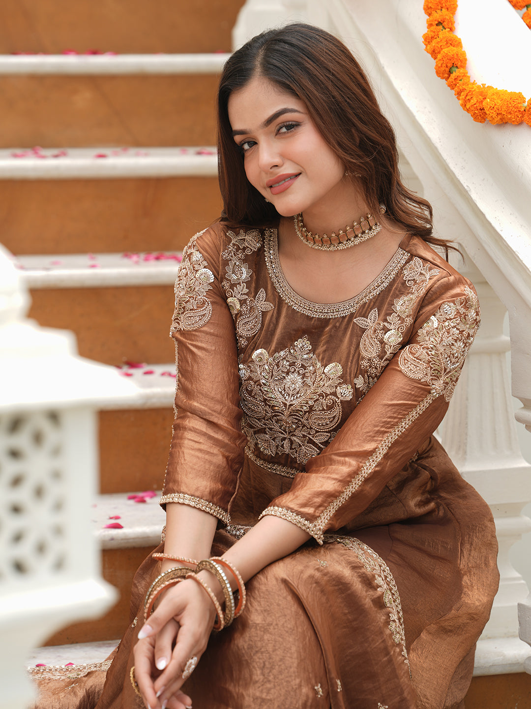 Women’s Brown Silk Embroidered Anarkali Set