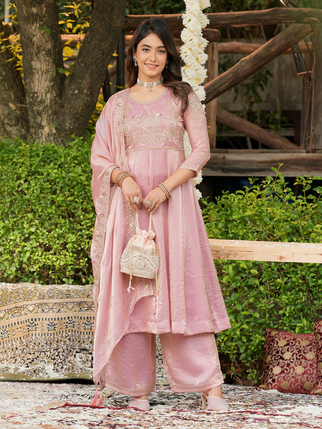 Pink Silk Embroidered Anarkali Set for Women