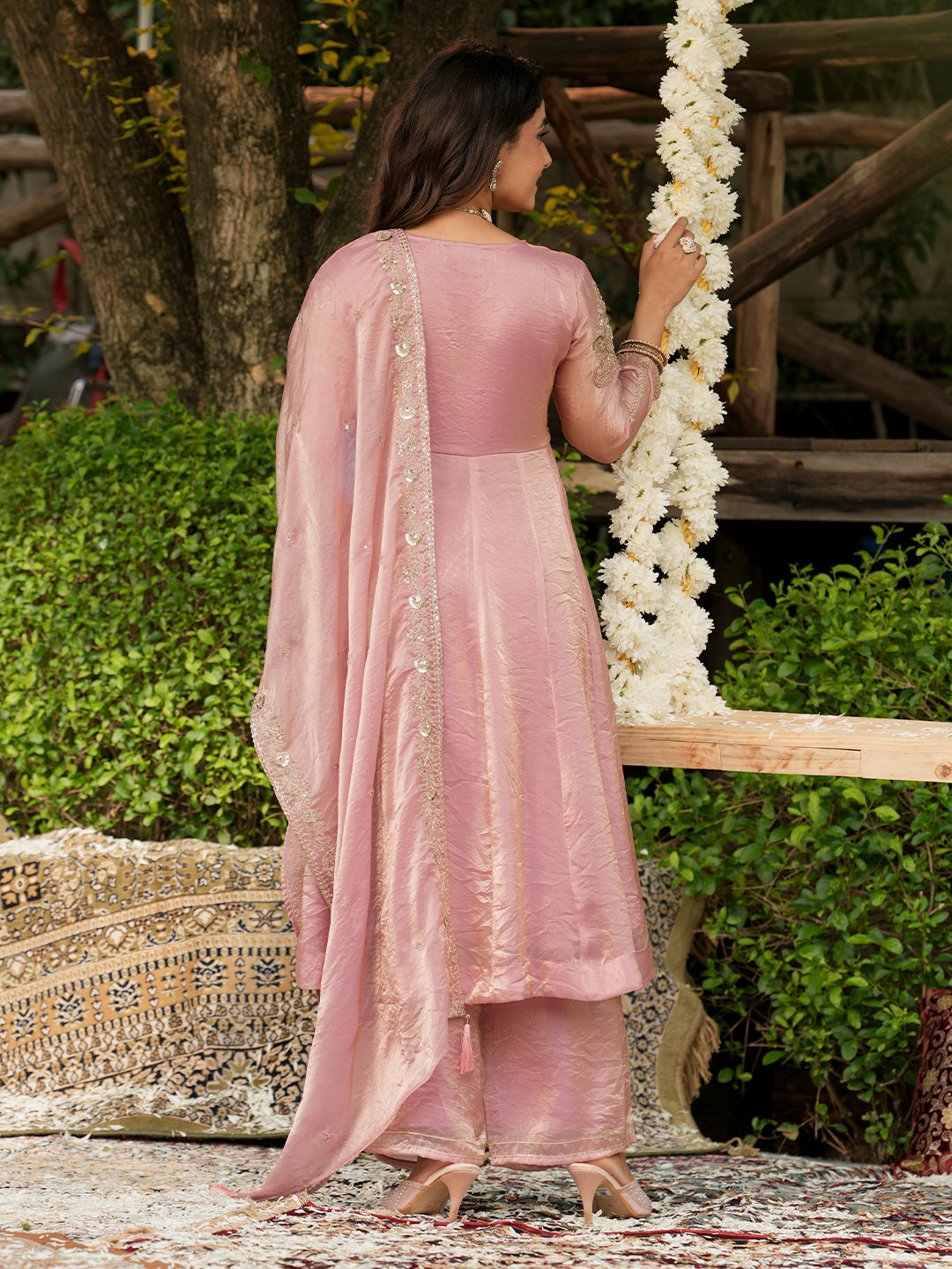 Pink Silk Embroidered Anarkali Set for Women