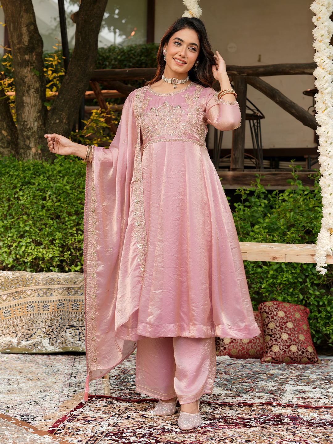 Pink Silk Embroidered Anarkali Set for Women