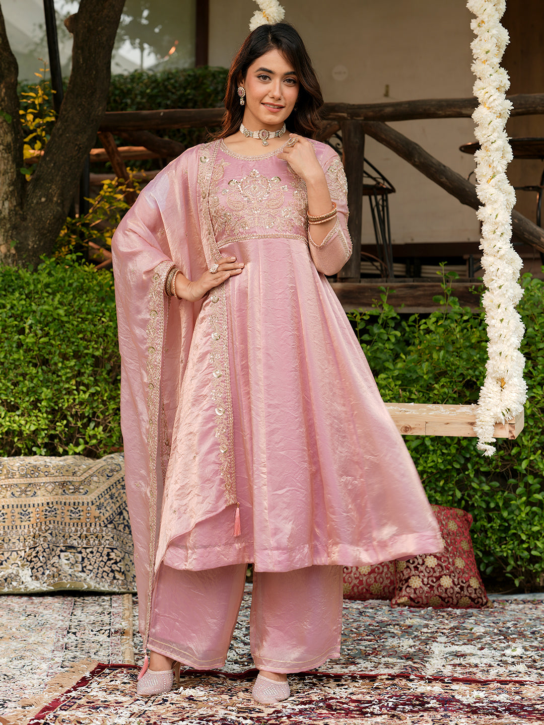 Pink Silk Embroidered Anarkali Set for Women