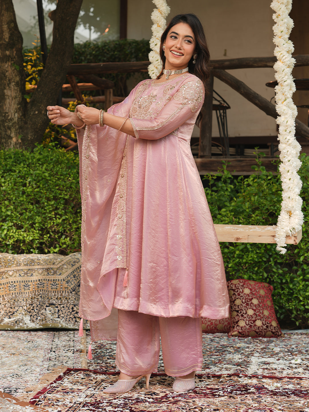 Pink Silk Embroidered Anarkali Set for Women
