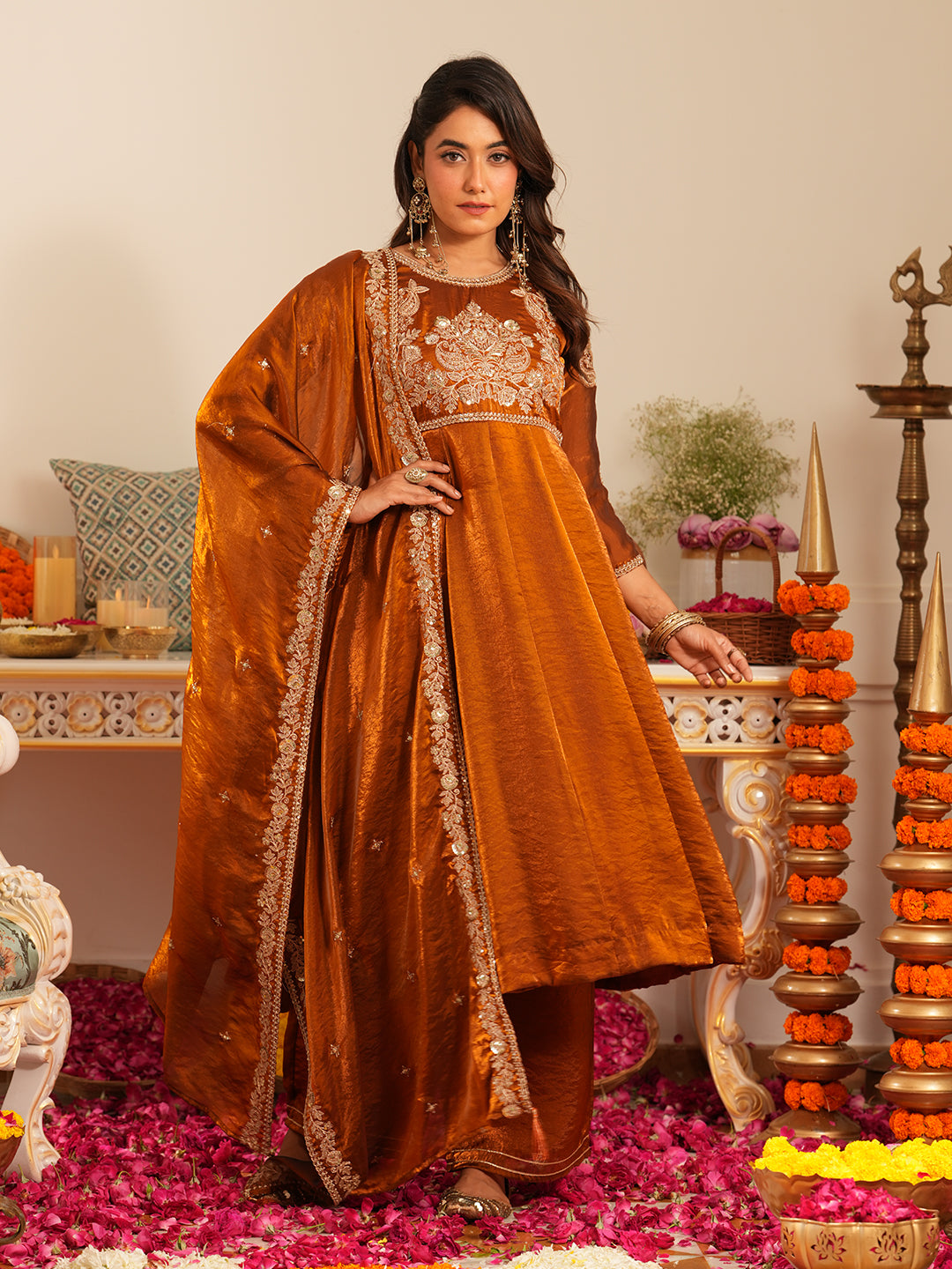 Women’s Rust Silk Embroidered Ethnic Anarkali Set