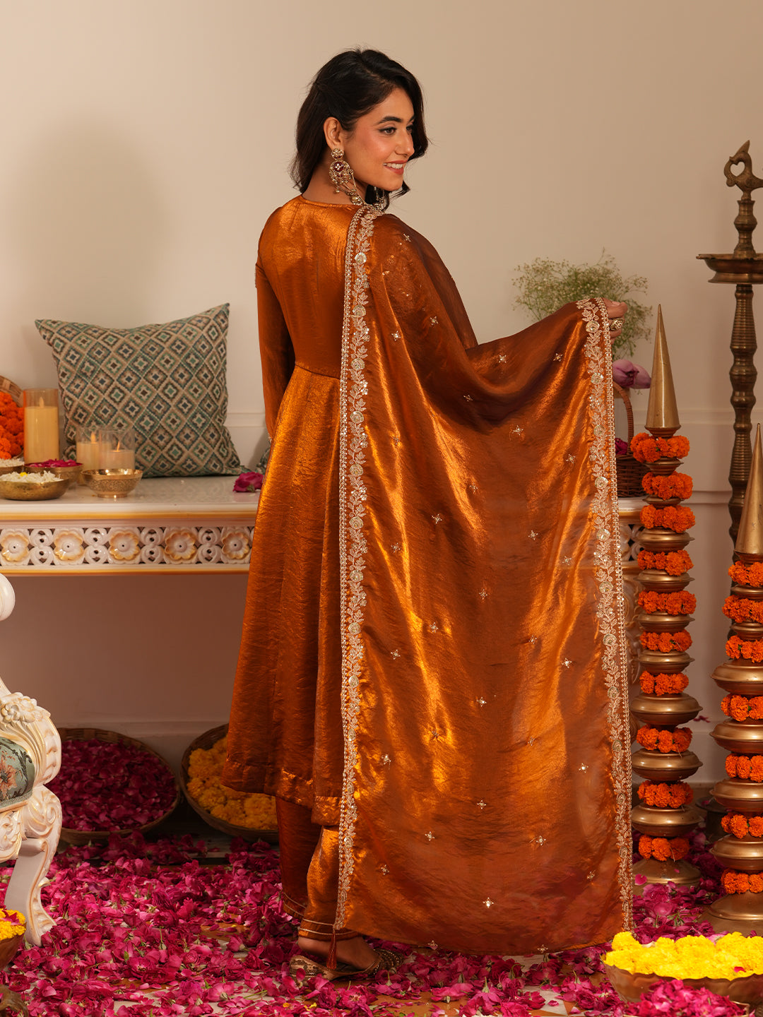 Women’s Rust Silk Embroidered Ethnic Anarkali Set