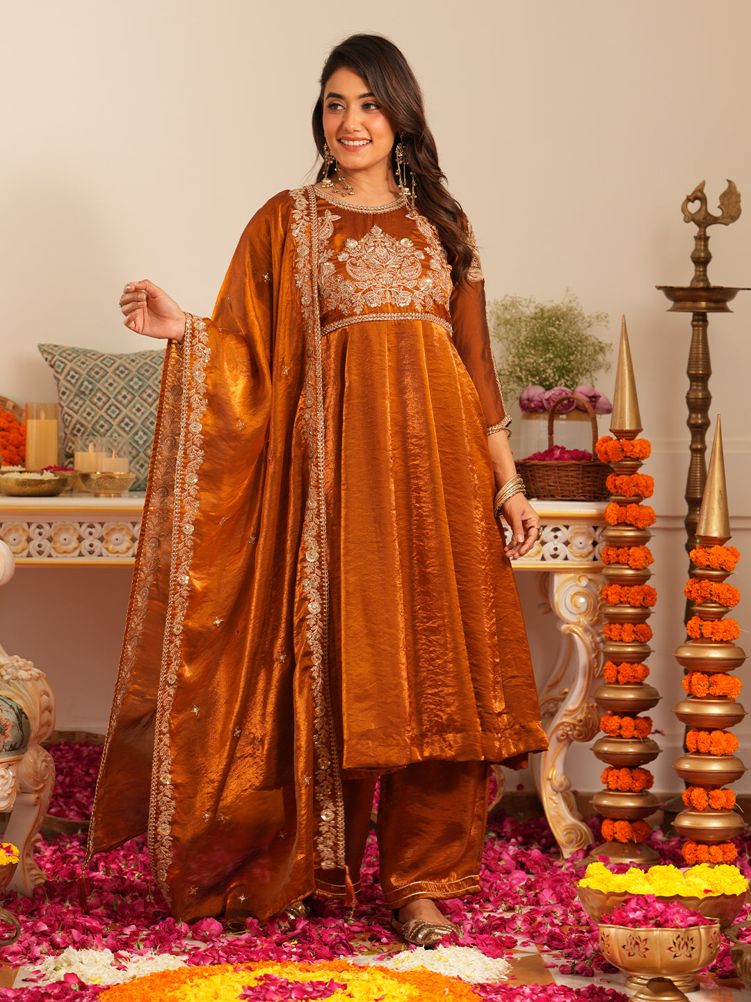 Women’s Rust Silk Embroidered Ethnic Anarkali Set