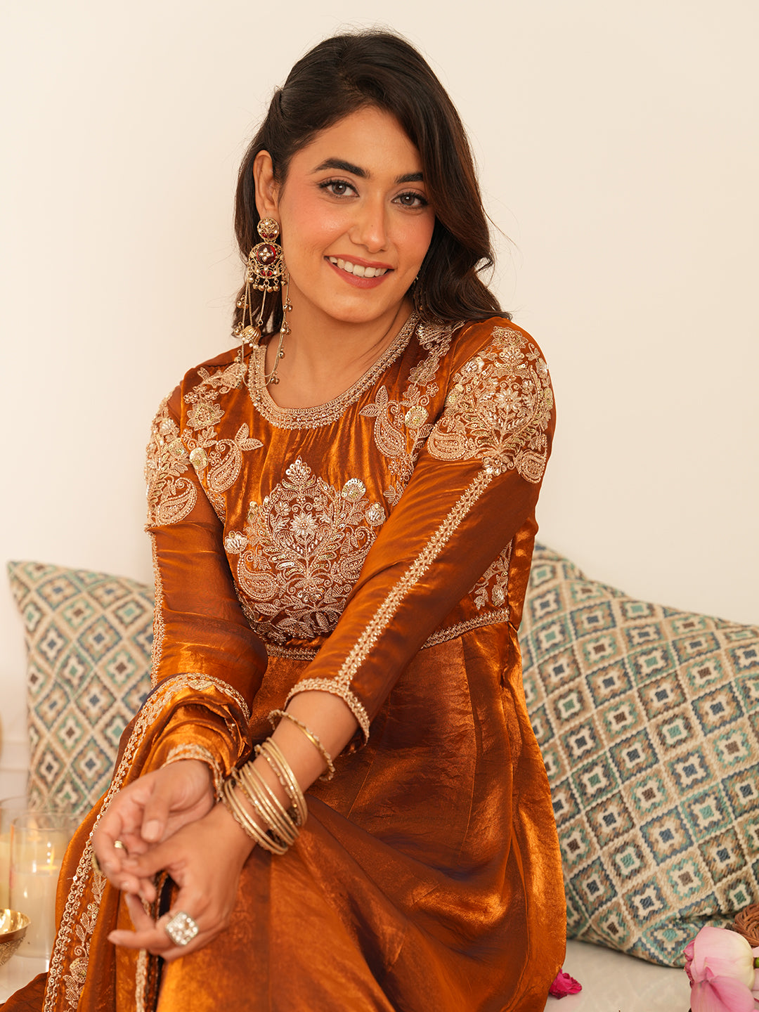 Women’s Rust Silk Embroidered Ethnic Anarkali Set