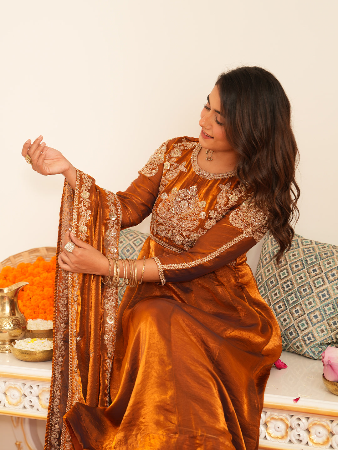Women’s Rust Silk Embroidered Ethnic Anarkali Set