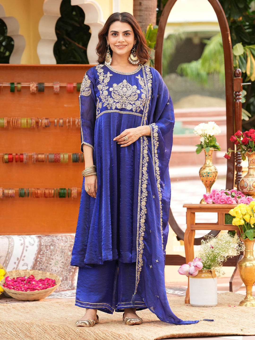 Women’s Royal Blue Silk Embroidered Anarkali Suit Set