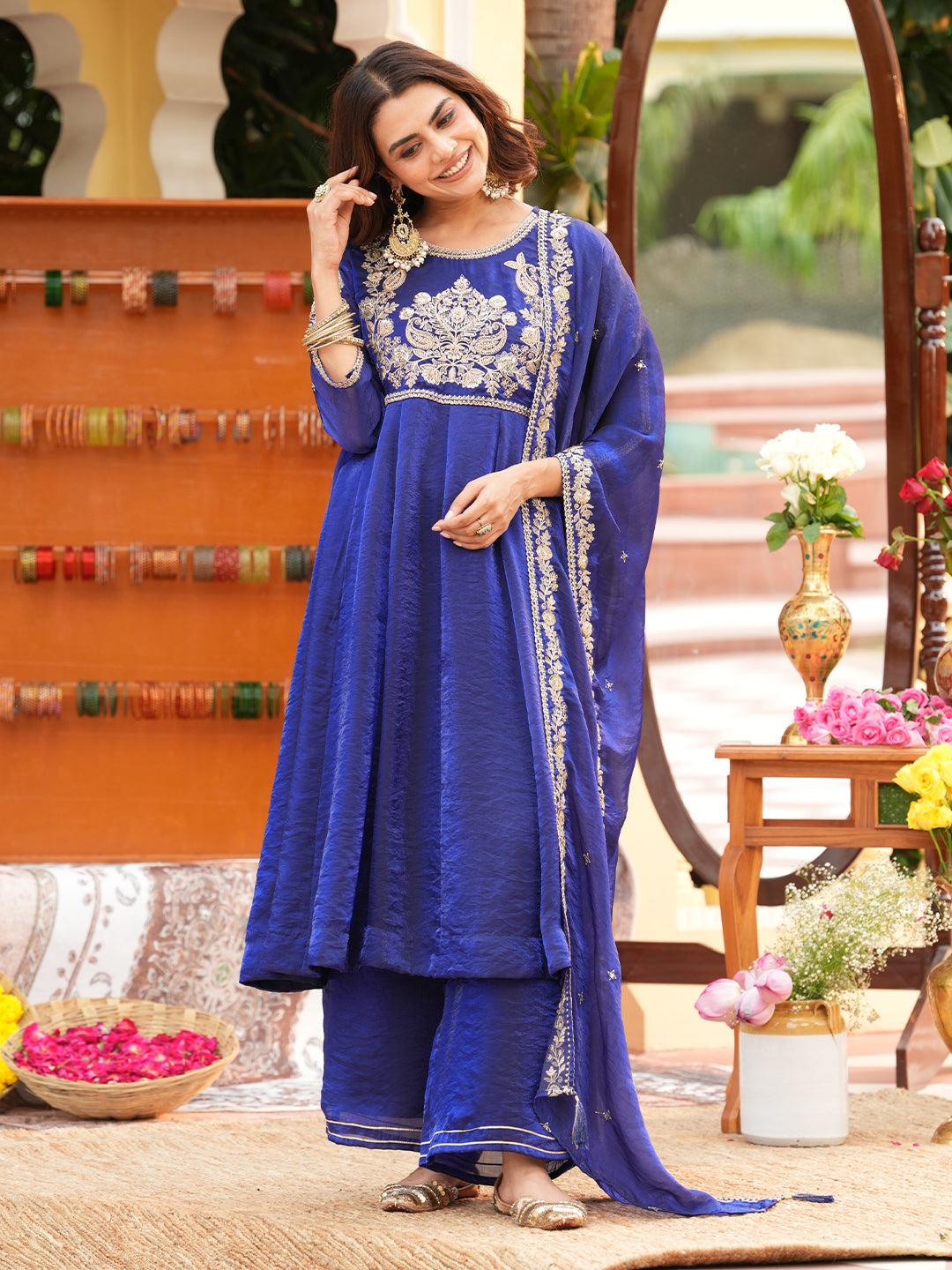 Women’s Royal Blue Silk Embroidered Anarkali Suit Set