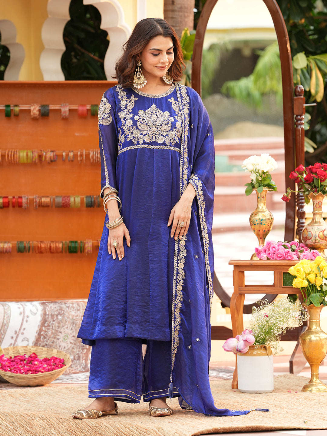 Women’s Royal Blue Silk Embroidered Anarkali Suit Set