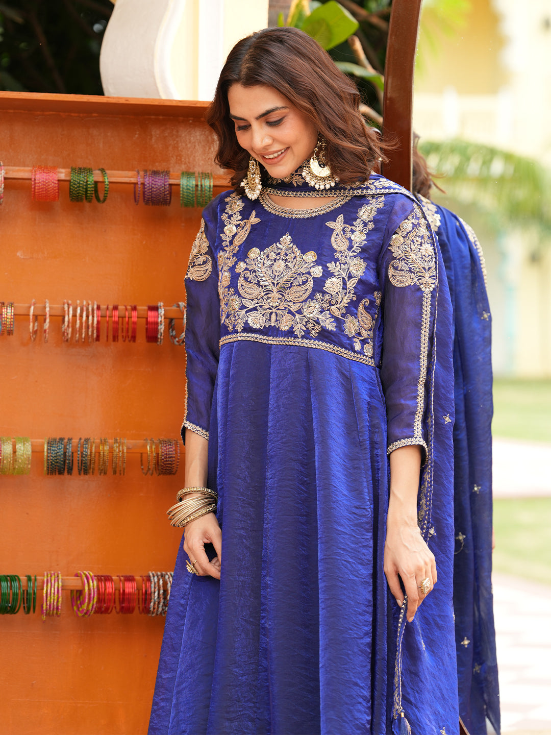 Women’s Royal Blue Silk Embroidered Anarkali Suit Set