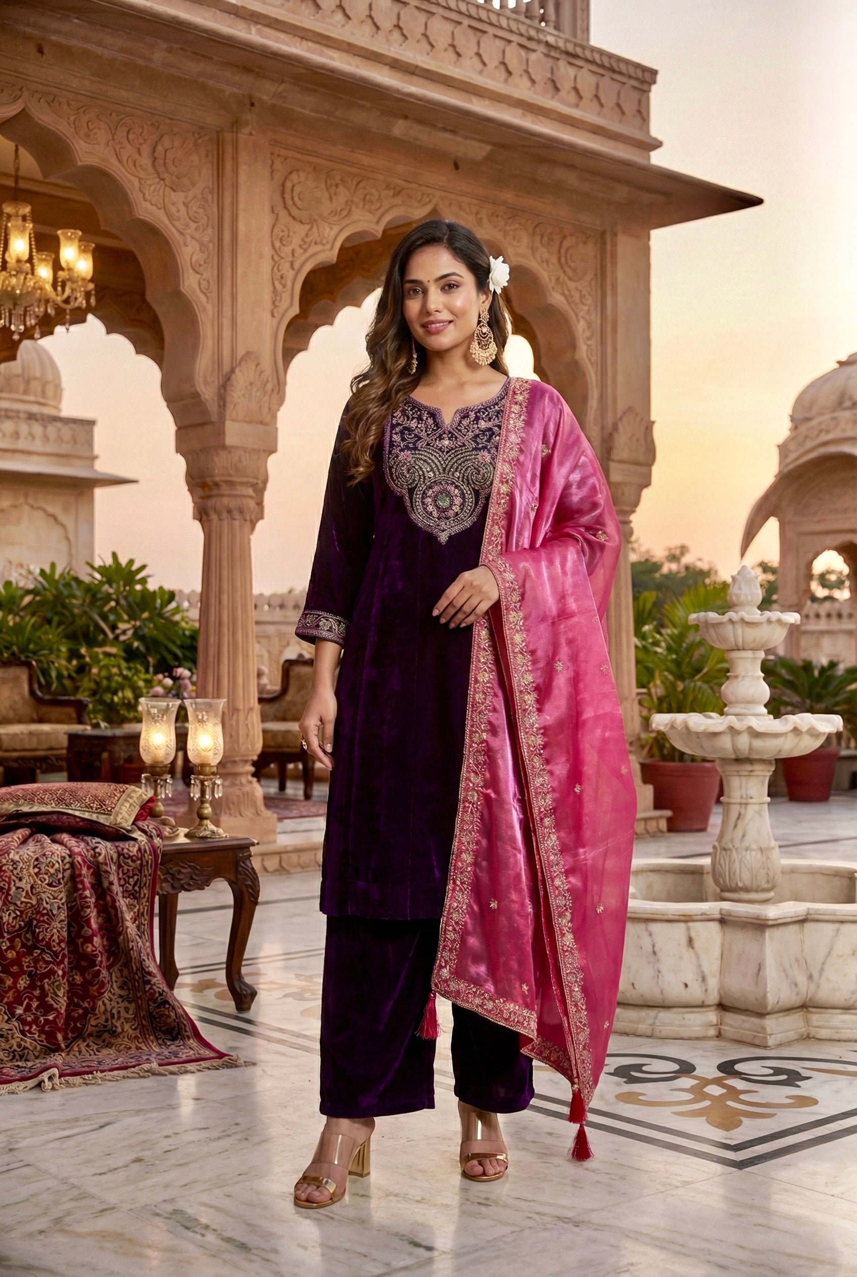 Violet Solid Velvet Anarkali Suit With Dupatta