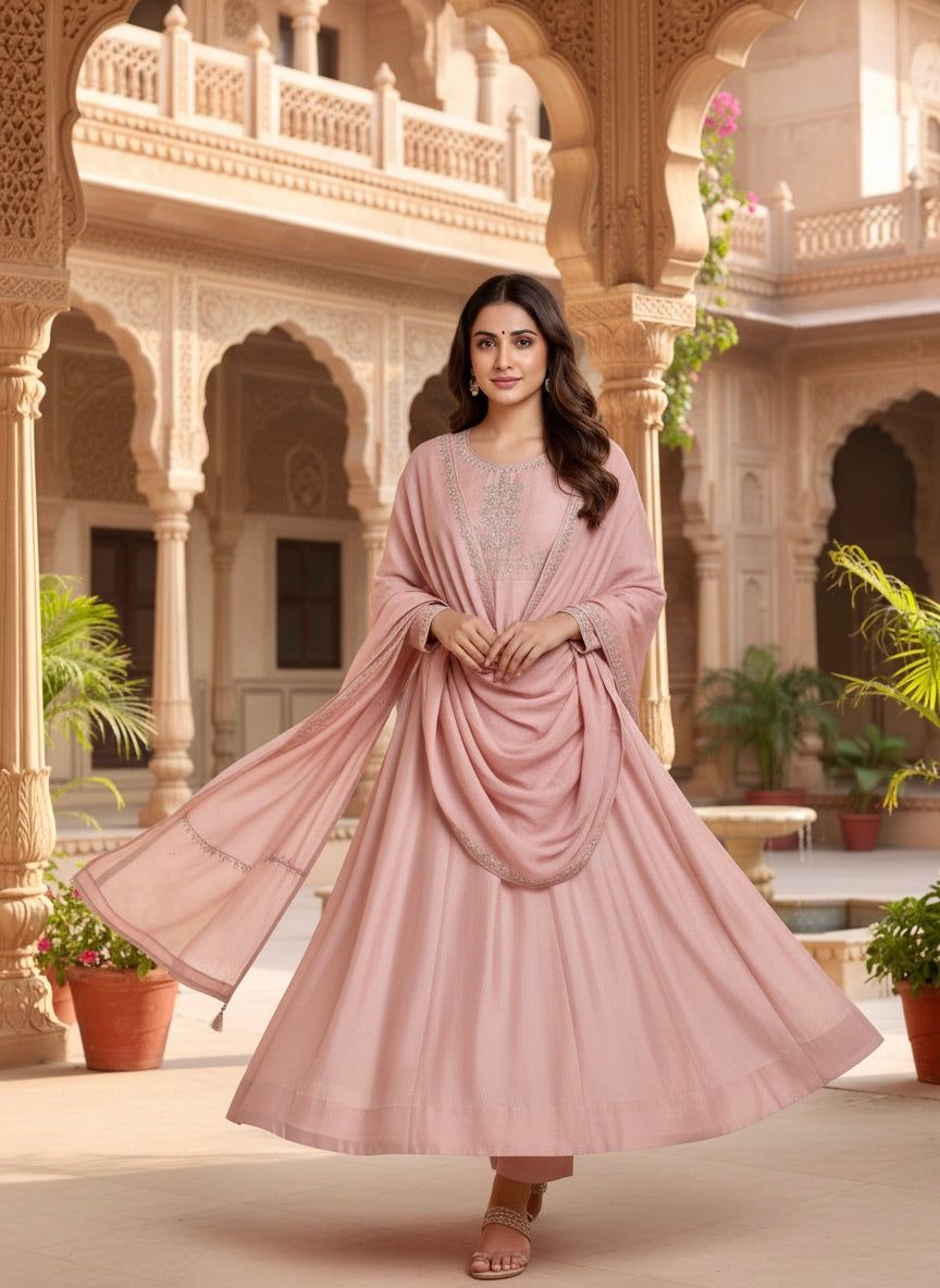 Rose Pink Embroidered Silk Blend Anarkali Kurta With Dupatta Set