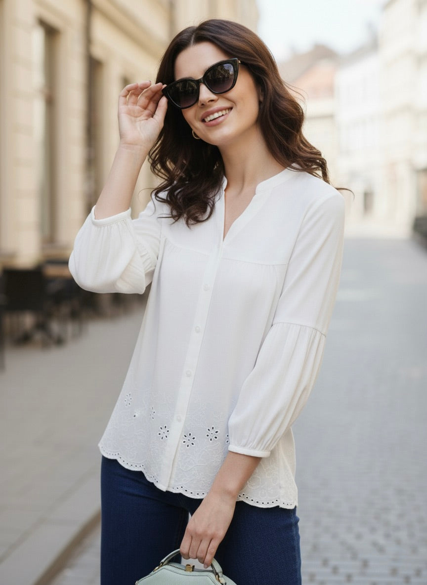 Off White Embroidered Rayon Shirt for Women