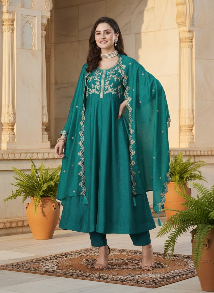 Rama Silk Embroidered Anarkali Kurta And Dupatta set