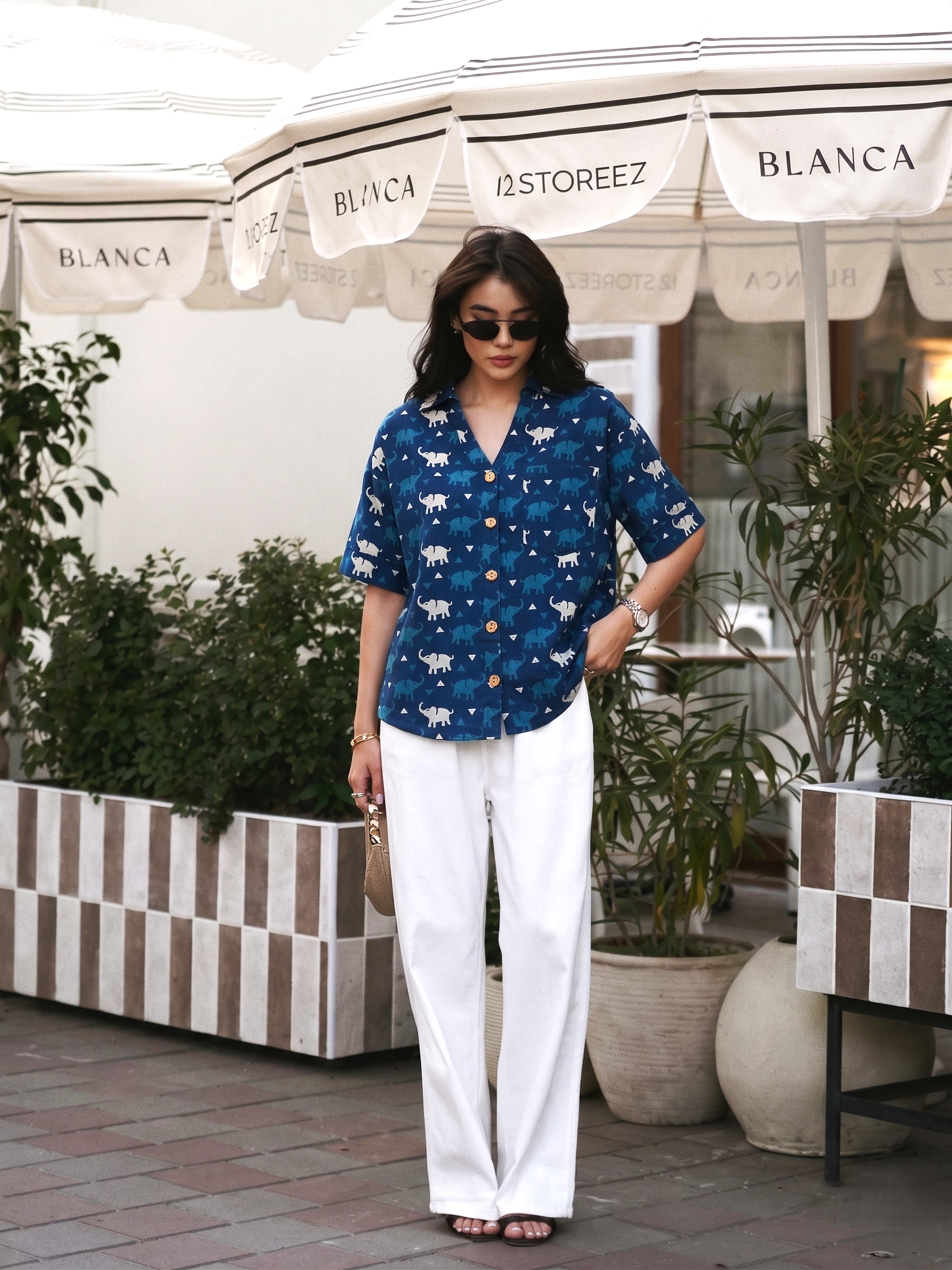 Women’s Indigo Cotton Printed Button-Down Shirt