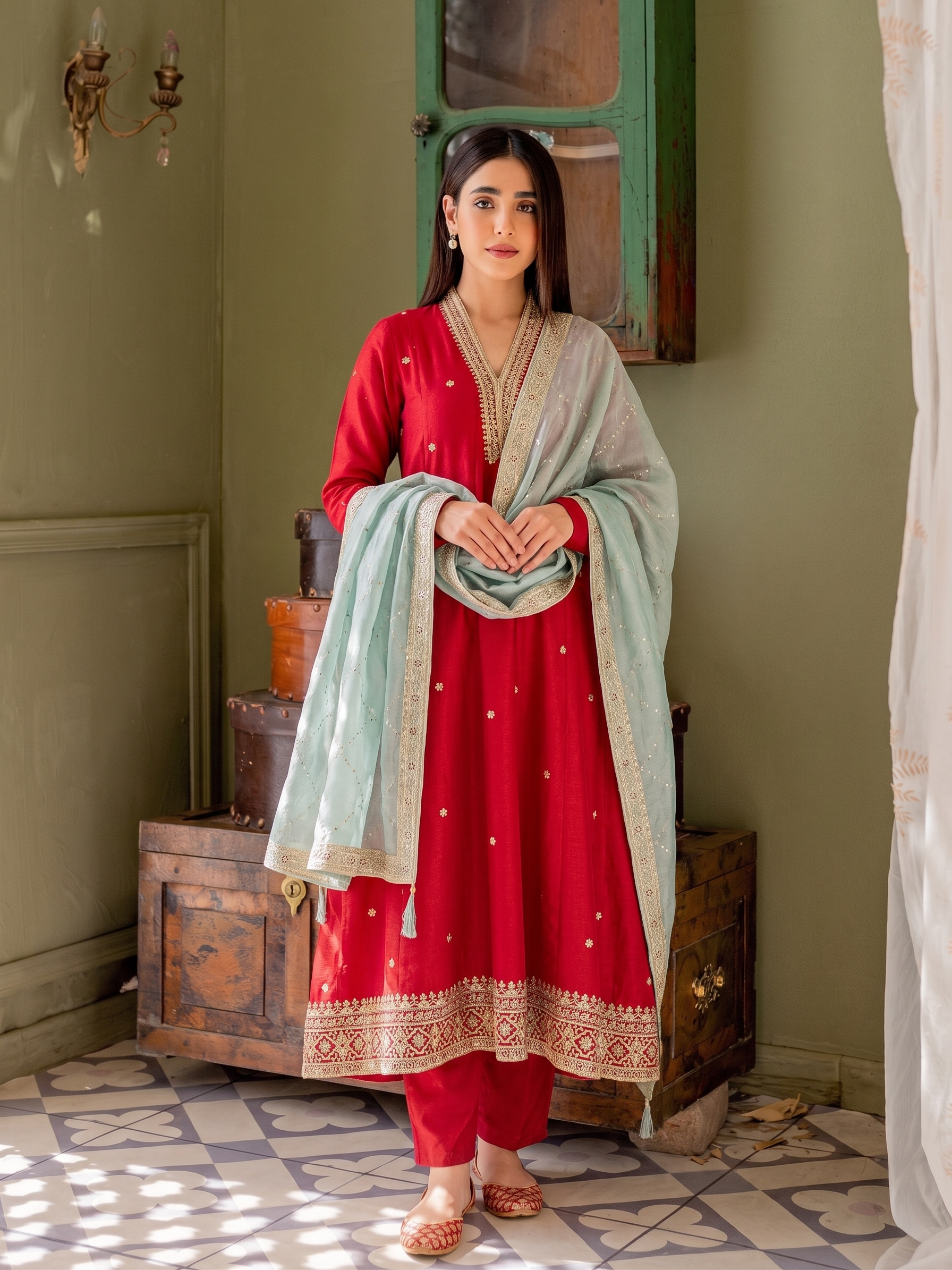 Red Embroidered Ethnic Silk Anarkali Set with Dupatta for Women