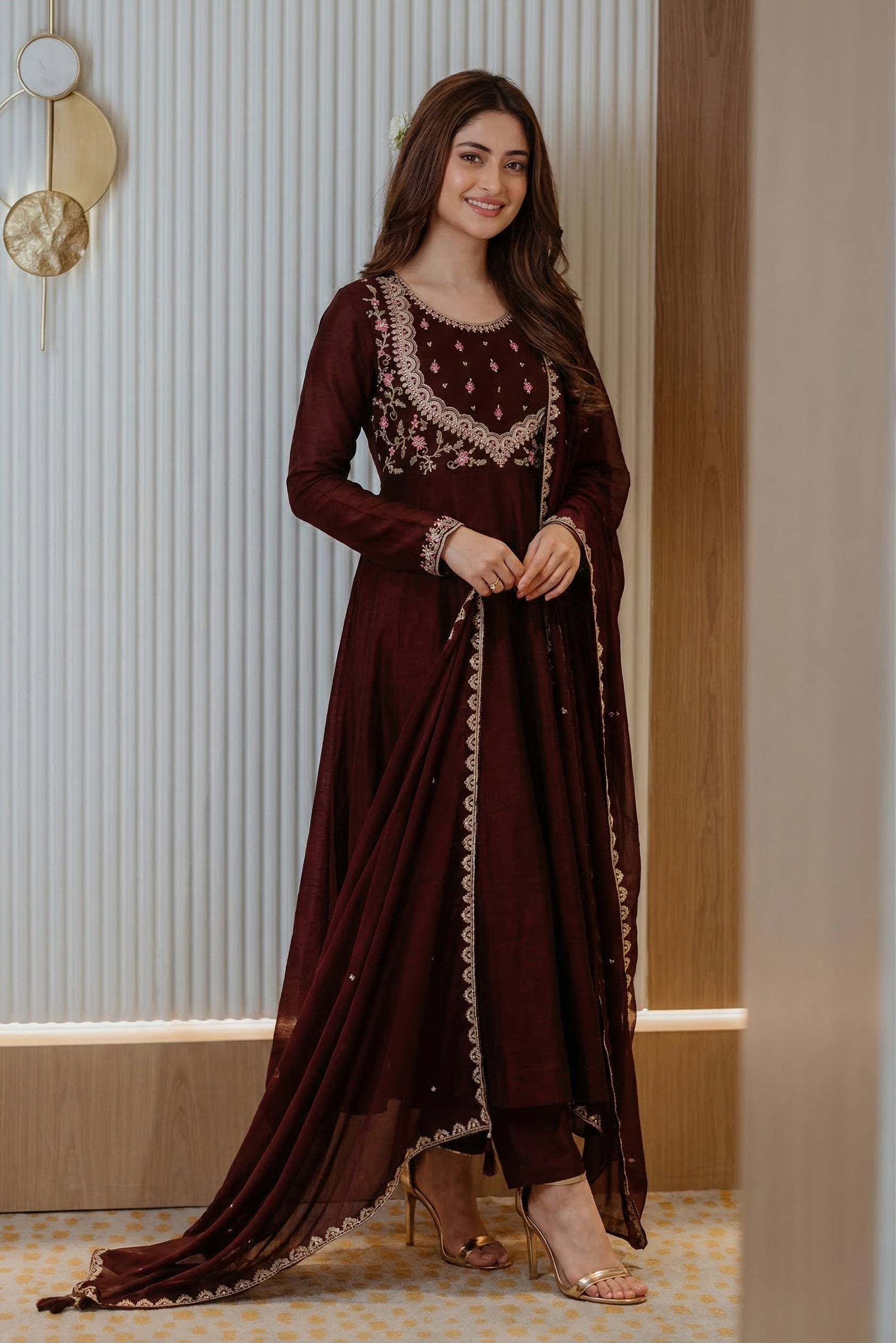 Coffee Embroidered Silk Anarkali Kurta With Dupatta Set