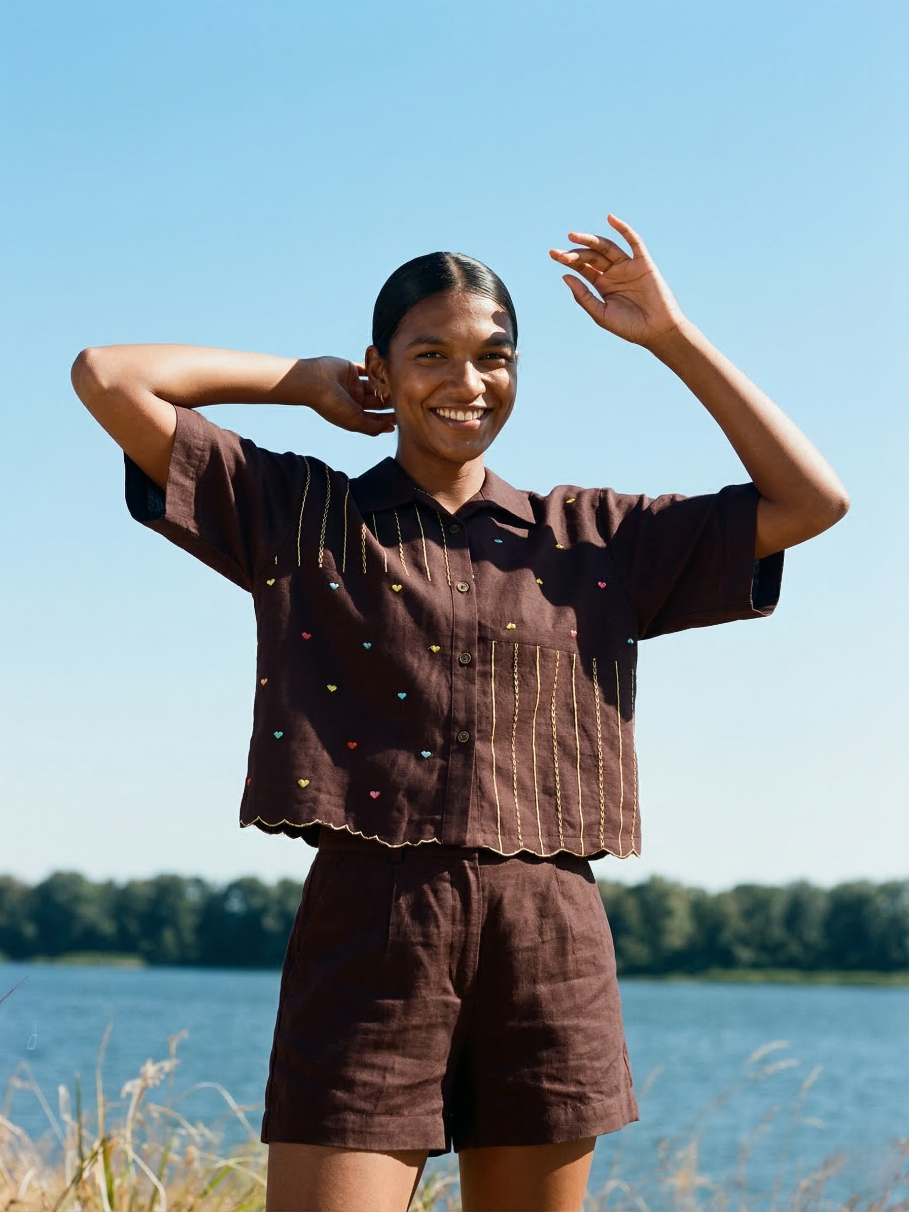 Coffee Crepe Embroidered Regular Fit Shirt for Women