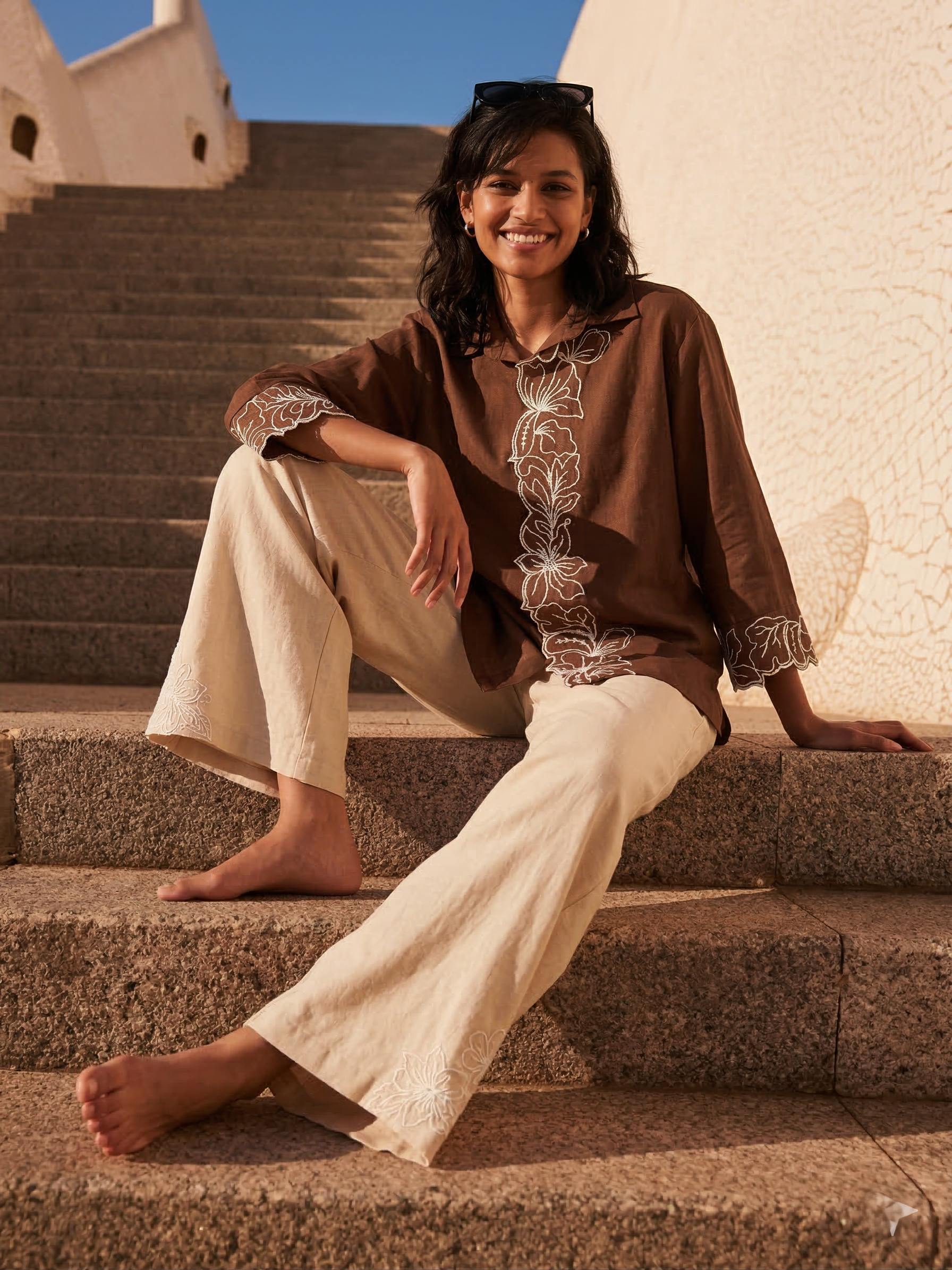 Caramel Viscose Embroidered Regular Fit Shirt for Women