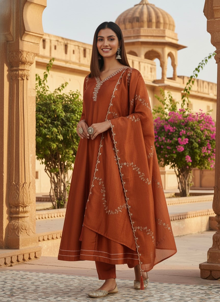 Rust Silk Embroidered Anarkali Kurta with Dupatta Set