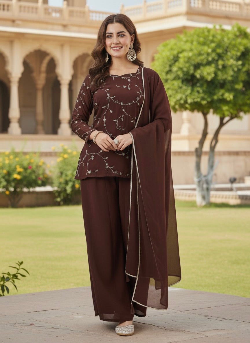 Coffee Embroidered Georgette Straight Suit Set With Dupatta