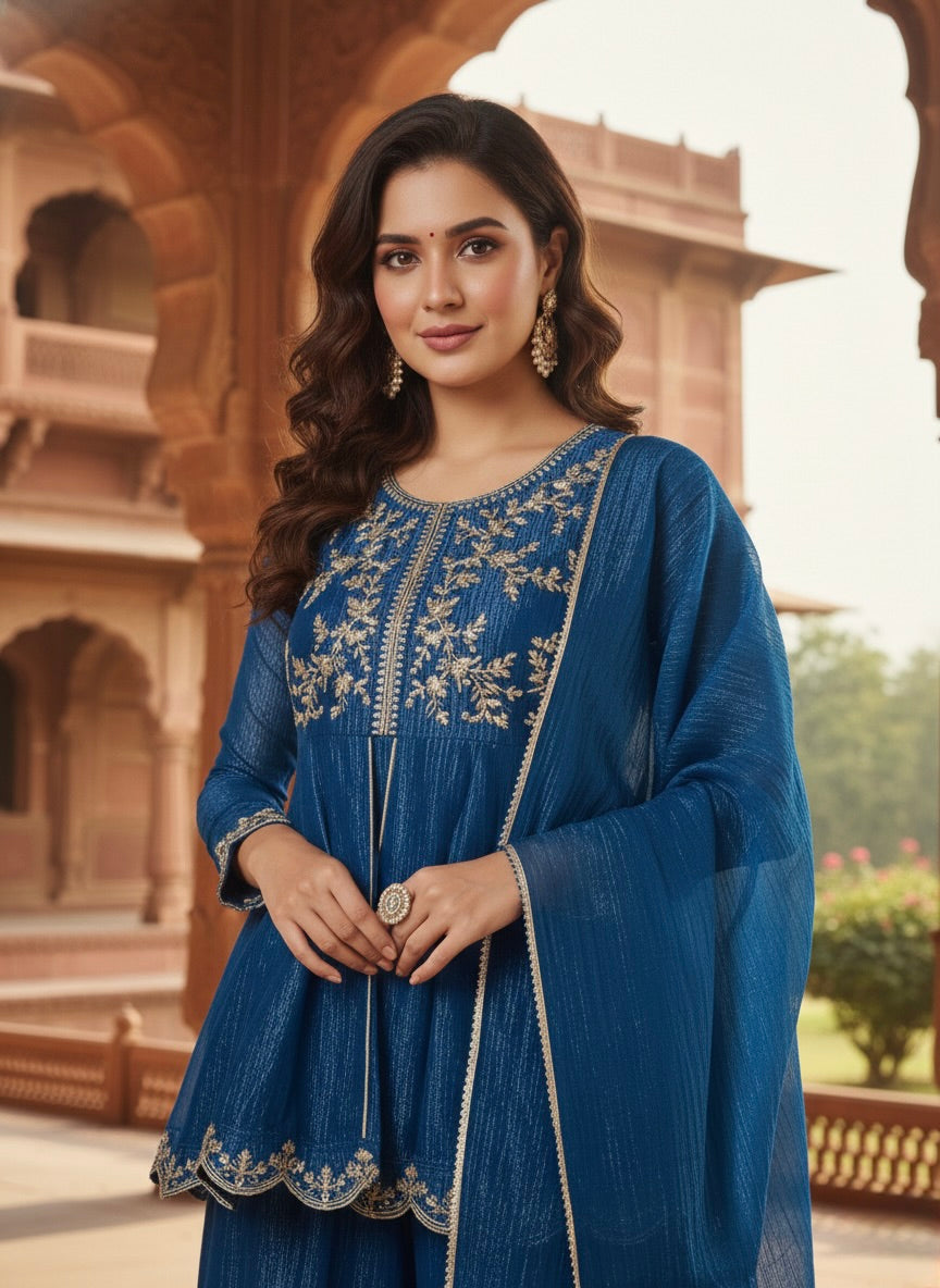 Royal Blue Silk Embroidered Top Sharara Set with Dupatta