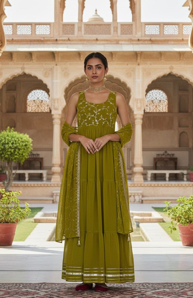 Green Embroidered Tiered Anarkali Kurta with Dupatta set